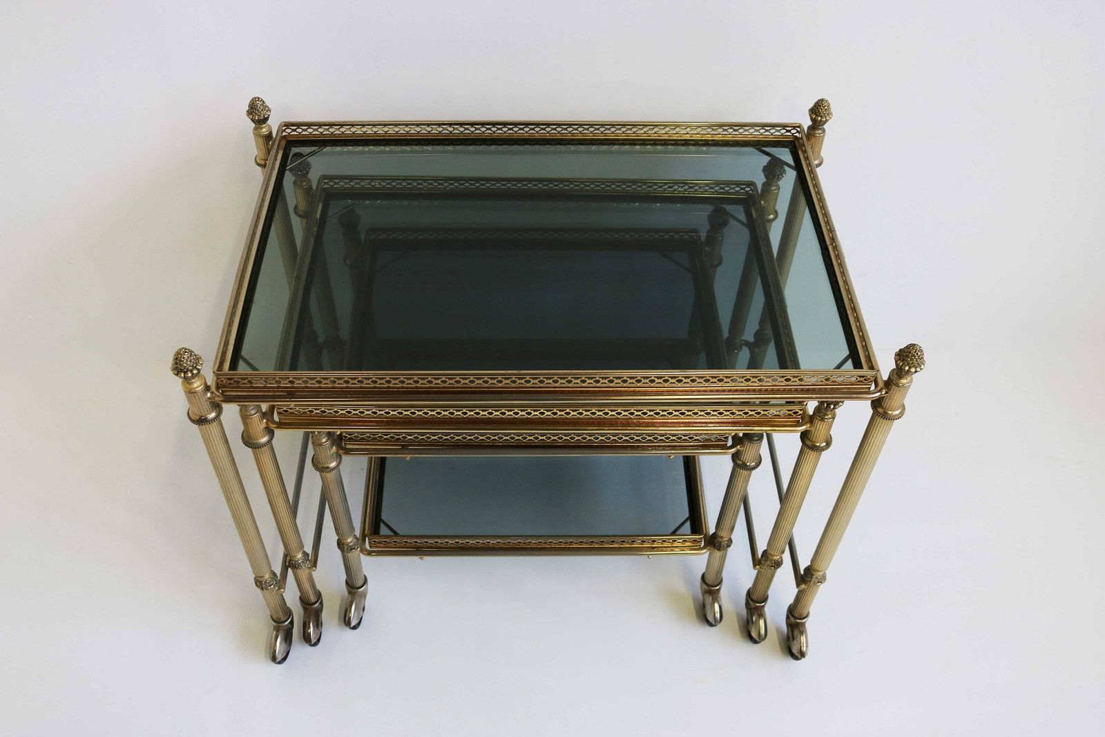 Neoclassical French Nesting Tables Maison Baguès Style Mid Century Smoked Glass Nesting Trolleys, Set Of 3 Vintage Side Tables 1960 photo 1344.0