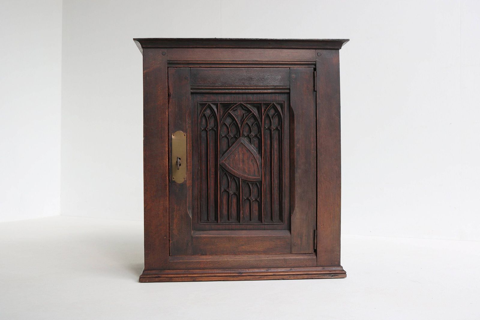 Authentic Antique Wooden, Carved Neo Gothic Small Wall Cabinet France 19th Century Medicine Cabinet Gothic Revival Craftsmanship photo furniture