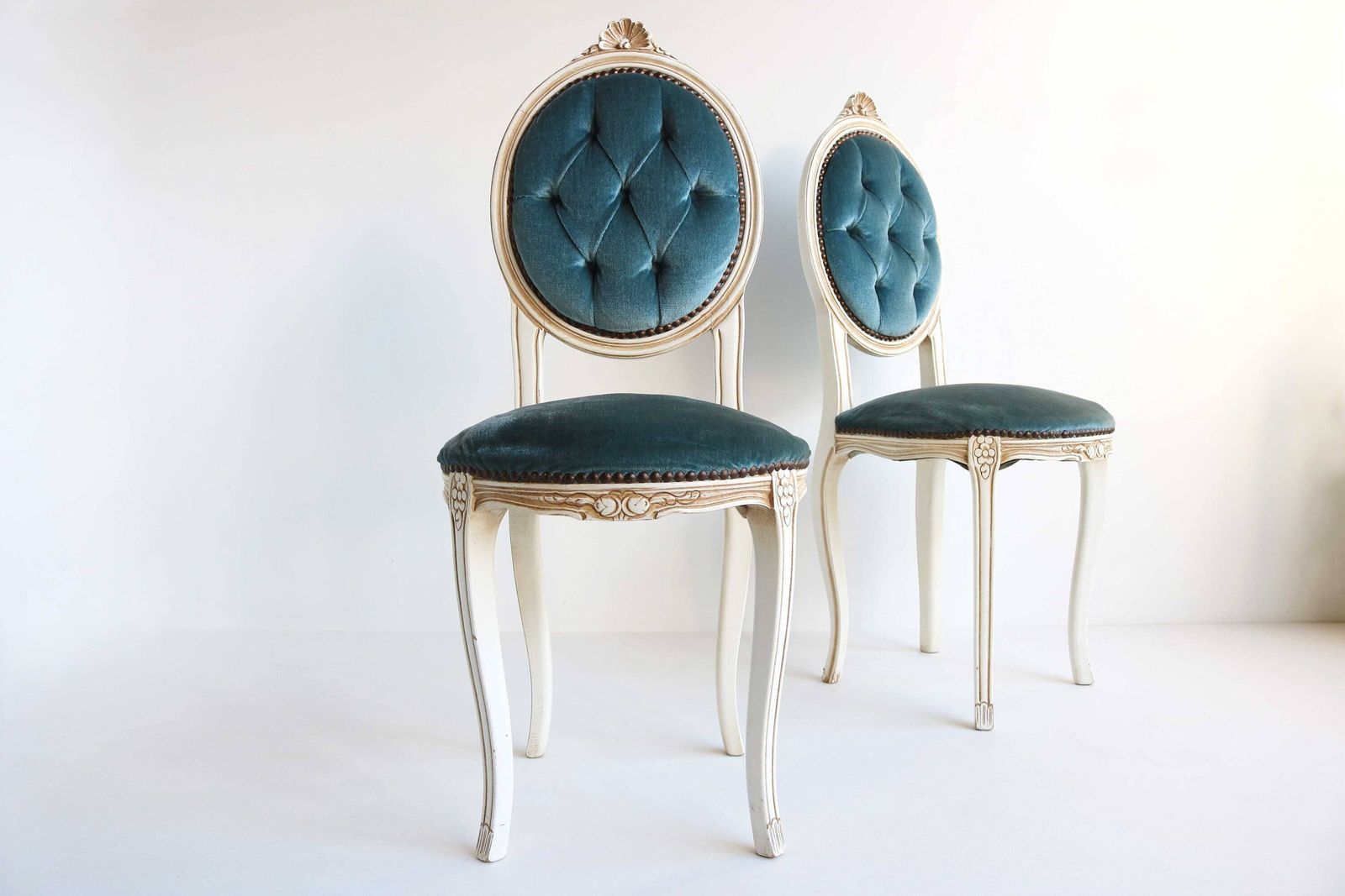 Couple Louis XV Style Quilted Blue Fabric Ding Chairs Lovely Side Chairs Vanity Chairs Two Bedroom Chairs Hollywood Regency Italian 1960s
