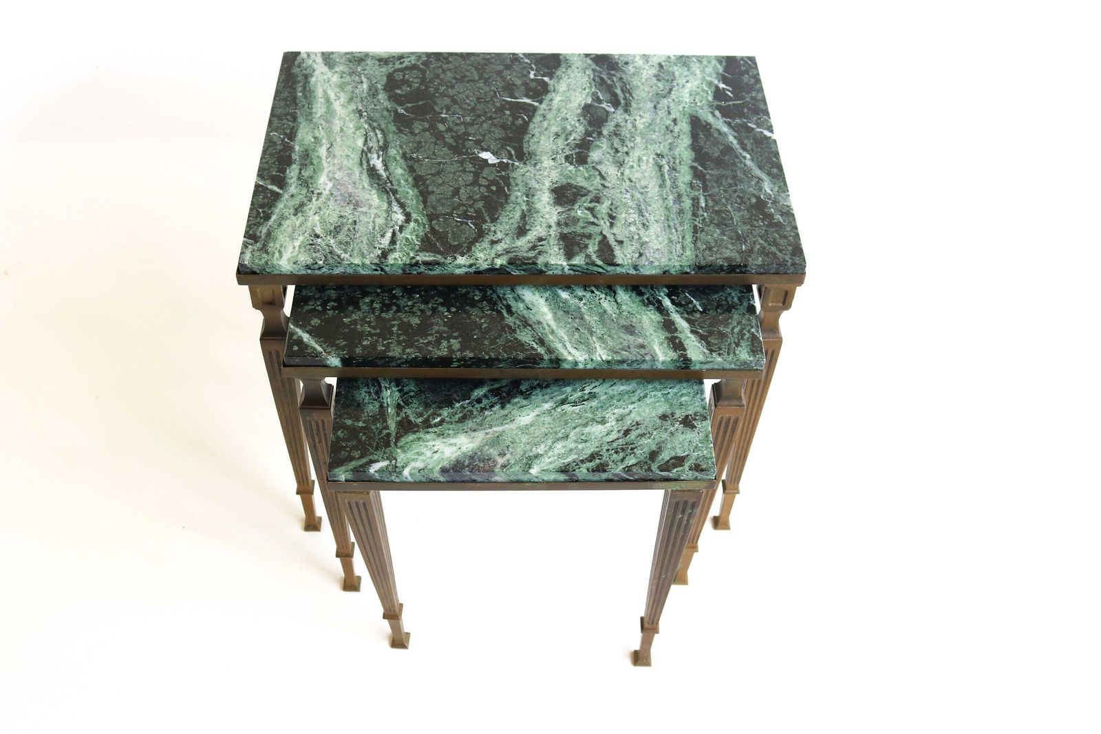 Regency Brass And Marble Nesting Side Tables, Style Maison Jansen Mid Century Nest Of Tables With Green Marble Tops France Louis XVI Empire