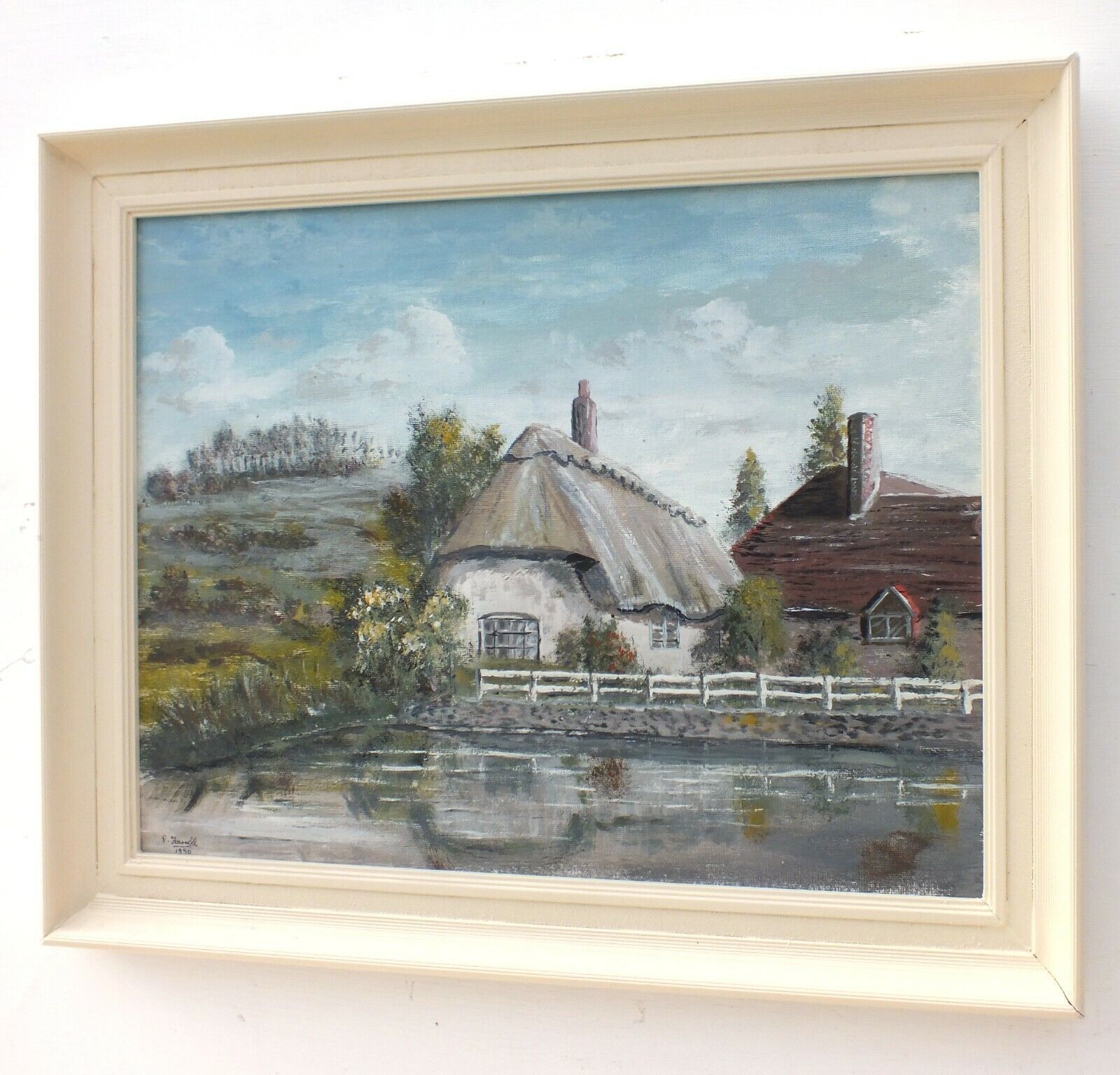 Large  Framed Vintage Landscape  Oil Painting Thatched Cottage English Country photo Art