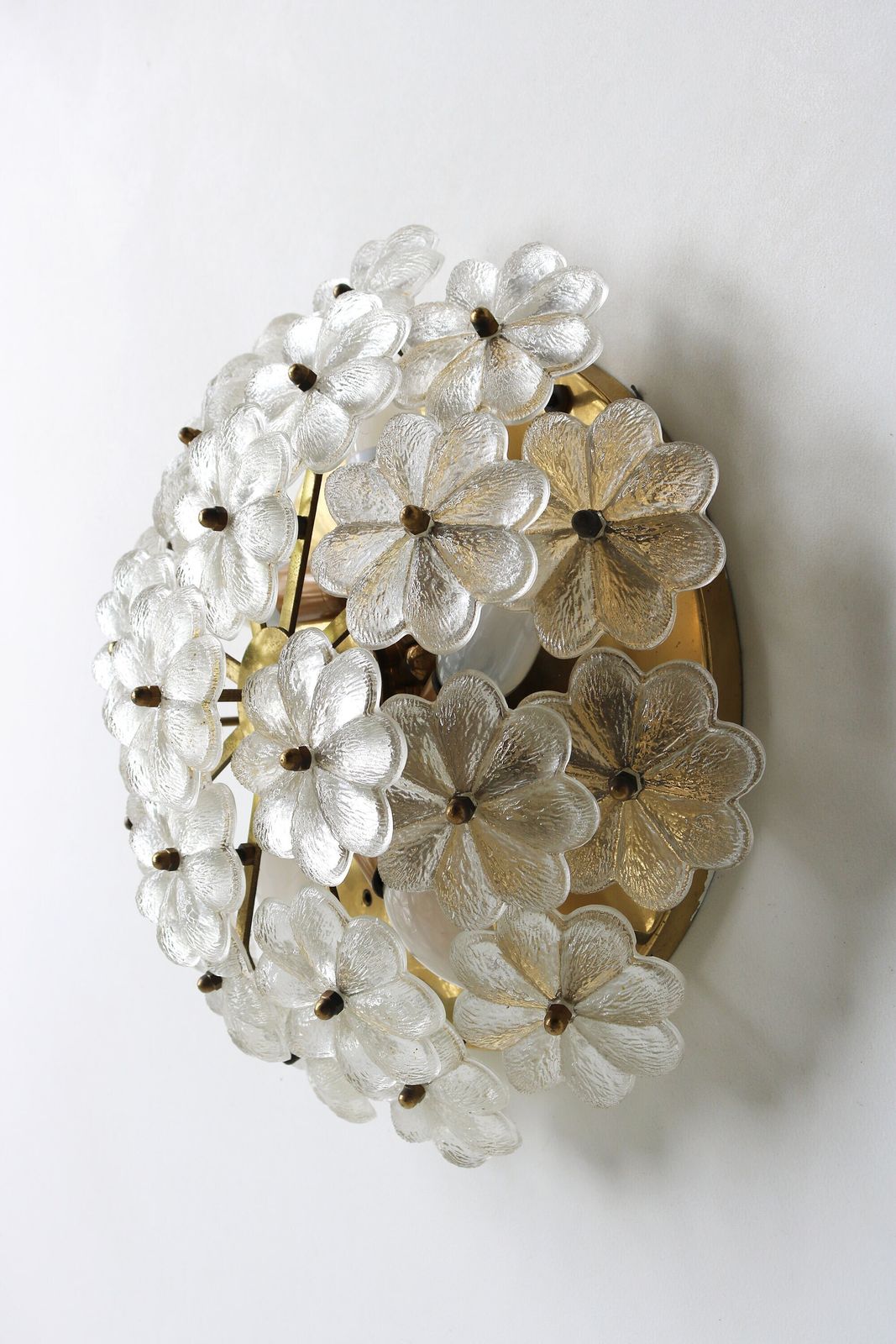 Large Appr. 16" Diameter Mid Century Floral Murano Brass Crystal Glass Ceiling Light Ernst Palme Germany 1960 Flower Flush Mount Wall Light photo Lighting