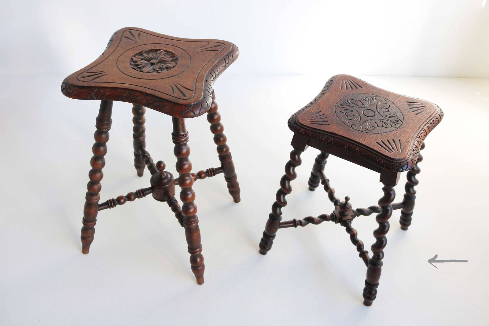 photo for sale Rustic English Oak Stool Antique Victorian Style Carved Wood Carved Stool Barley Twist Stool Side Table Kettle Stand Country Home 1880 1900