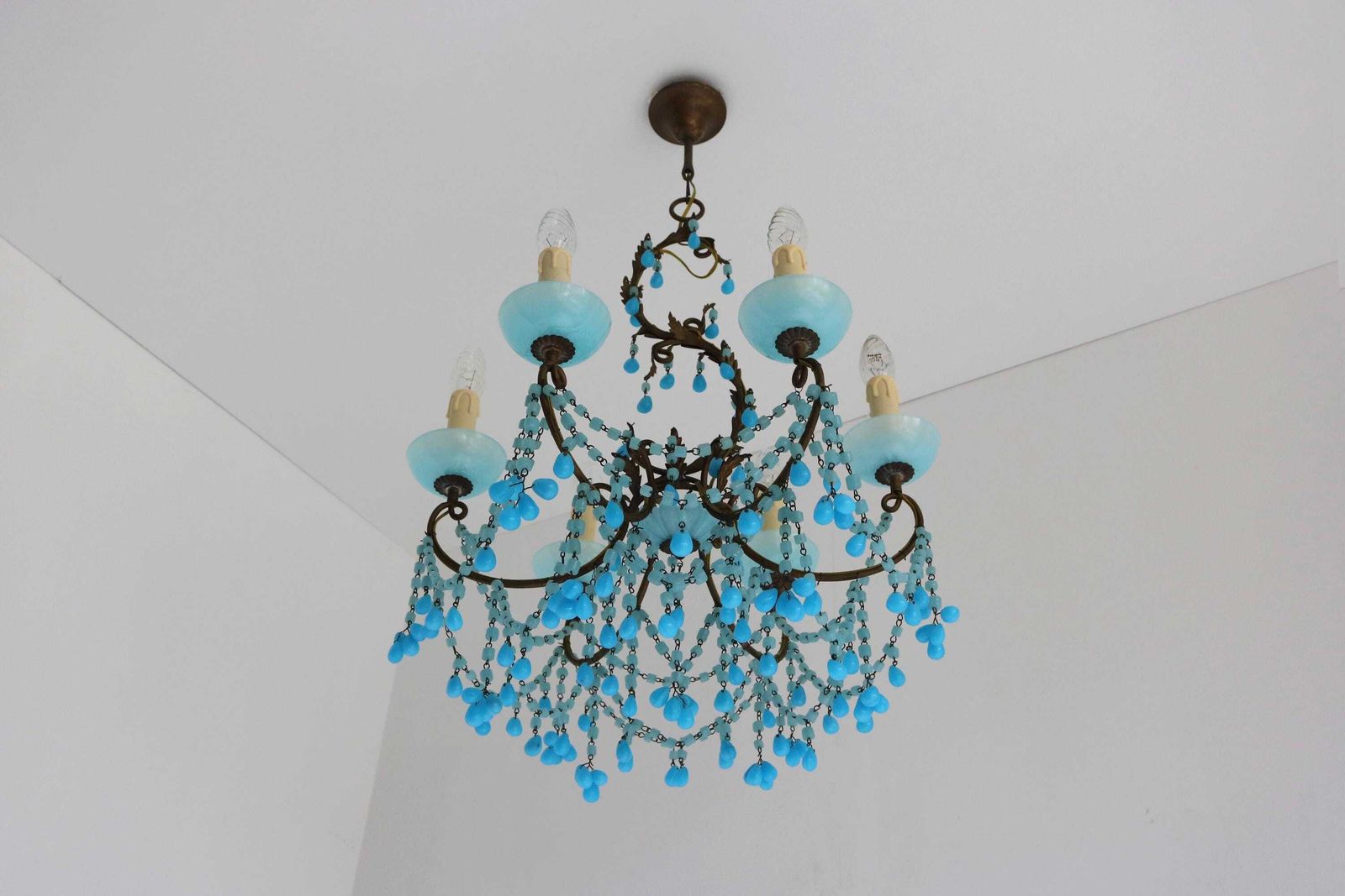 Antique French Murano Blue Beads Swags Opaline Beaded Candelier Macaroni Beads Chandelier Hanging Pendant Light Small Stones Ca. 1920 photo furniture