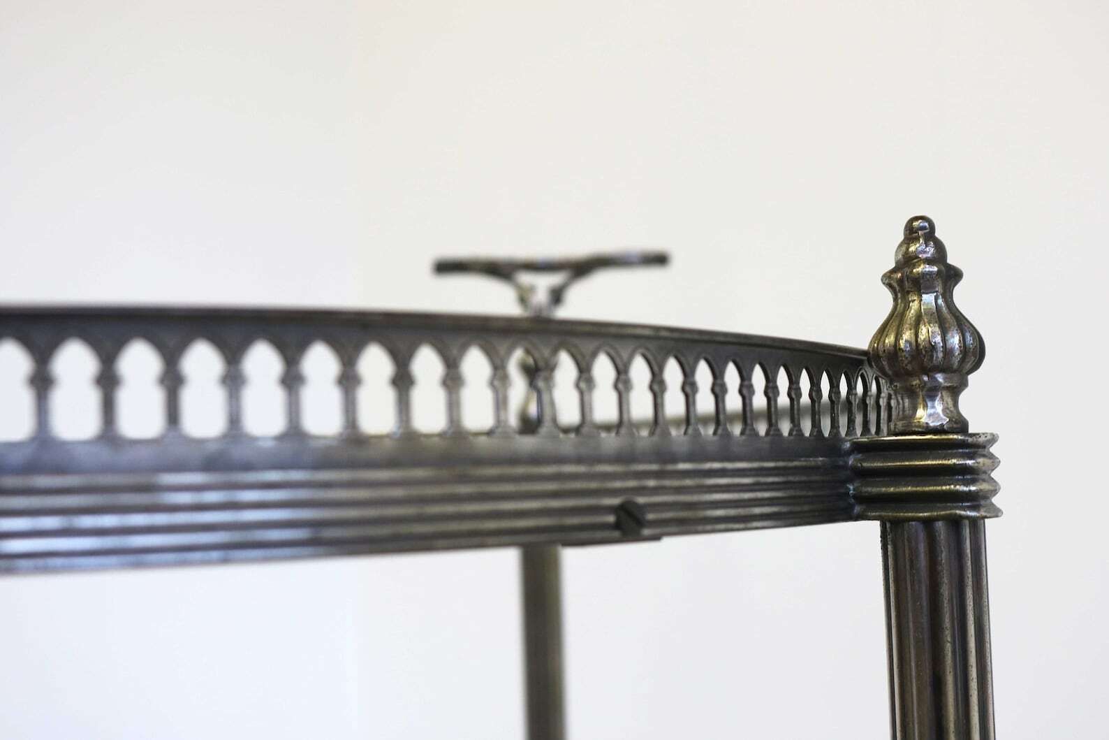 Mid Century Round Silver Bar Cart Clear Glass And Wood Four Bottle Holders And Two Handles Vintage Serving Trolly Tea Cart Side Table 1950s photo vinterior