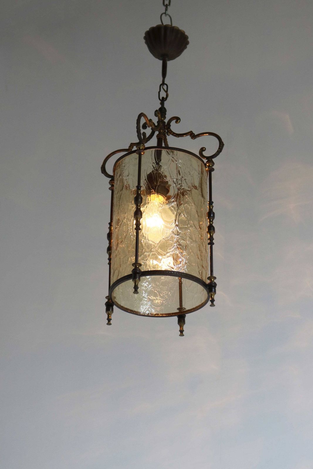Antique Style Brass Vintage Chandelier Pendant Lantern Hanging Lamp Textured Cylinder Glass Cylindrical French Entryway Hall Light 1950s photo 804.0