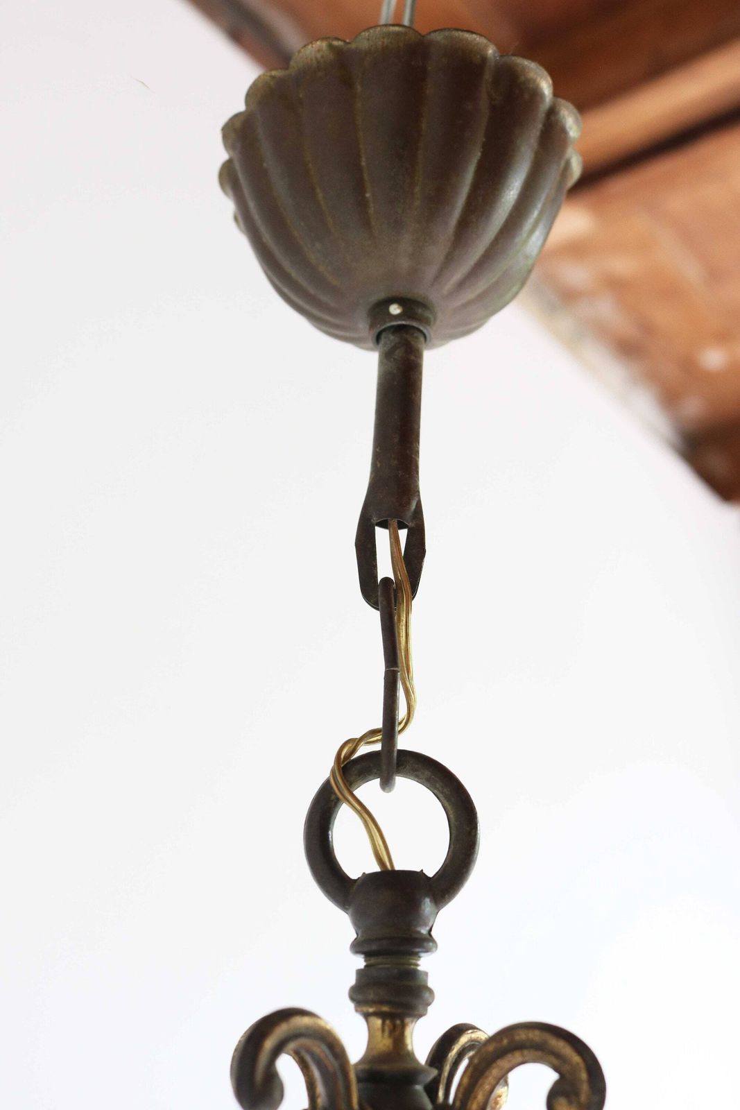 Antique Style Brass Vintage Chandelier Pendant Lantern Hanging Lamp Textured Cylinder Glass Cylindrical French Entryway Hall Light 1950s photo buy