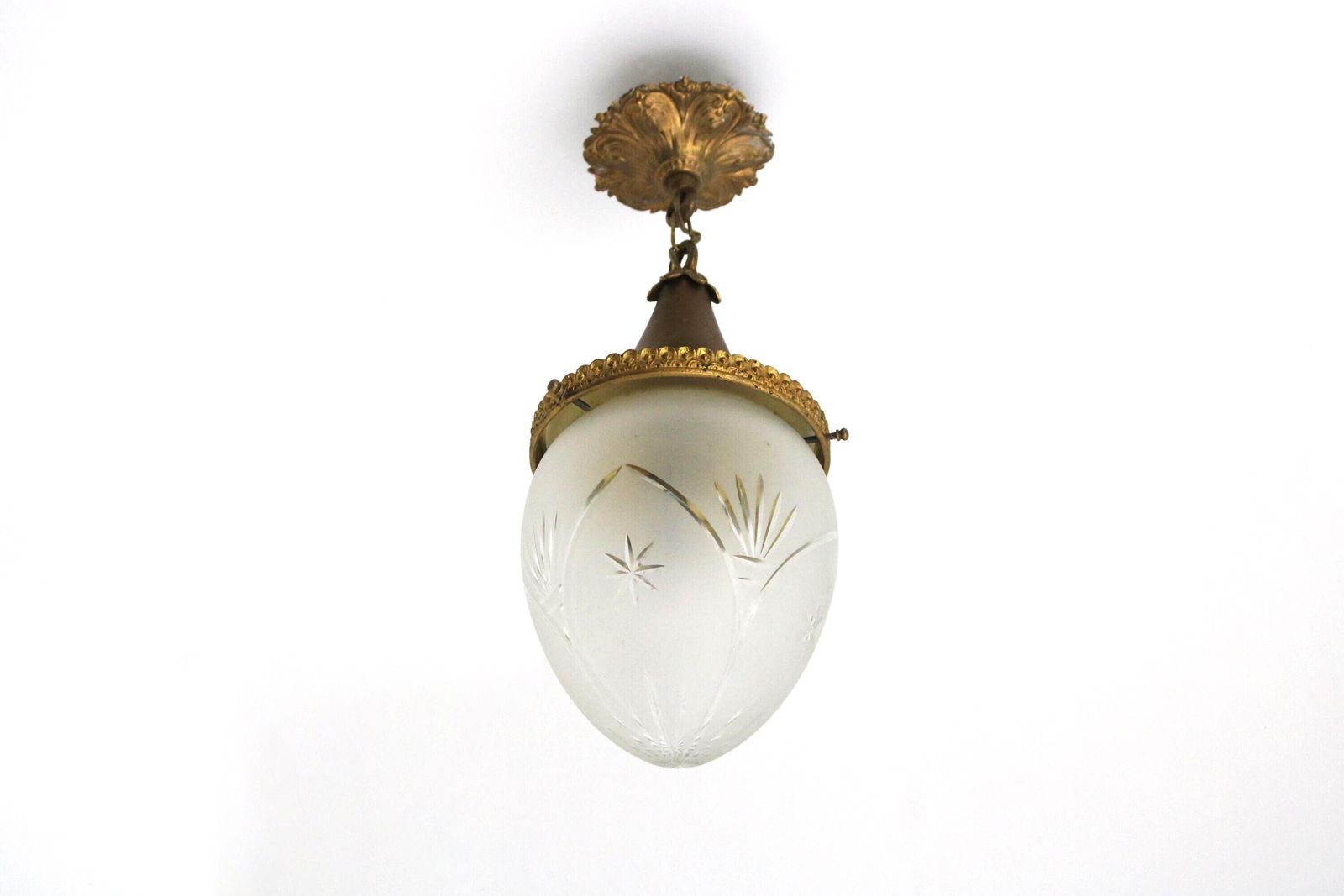 Antique French Hanging Lamp In Gilded Brass And Frosted Etched Glass Teardrop Shape Ceiling Lamp Pendant Light Ca. 1910