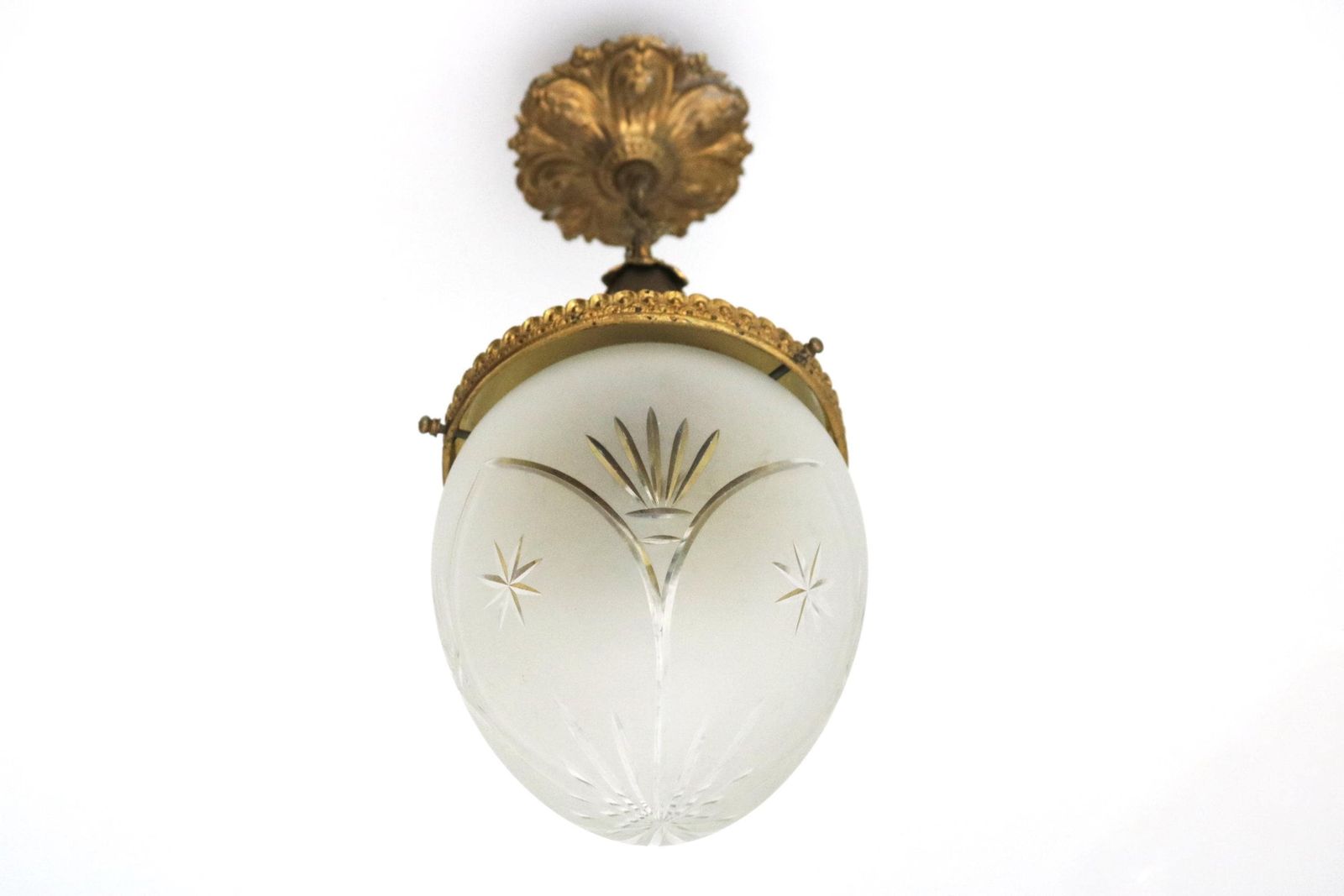 Antique French Hanging Lamp In Gilded Brass And Frosted Etched Glass Teardrop Shape Ceiling Lamp Pendant Light Ca. 1910 photo for sale