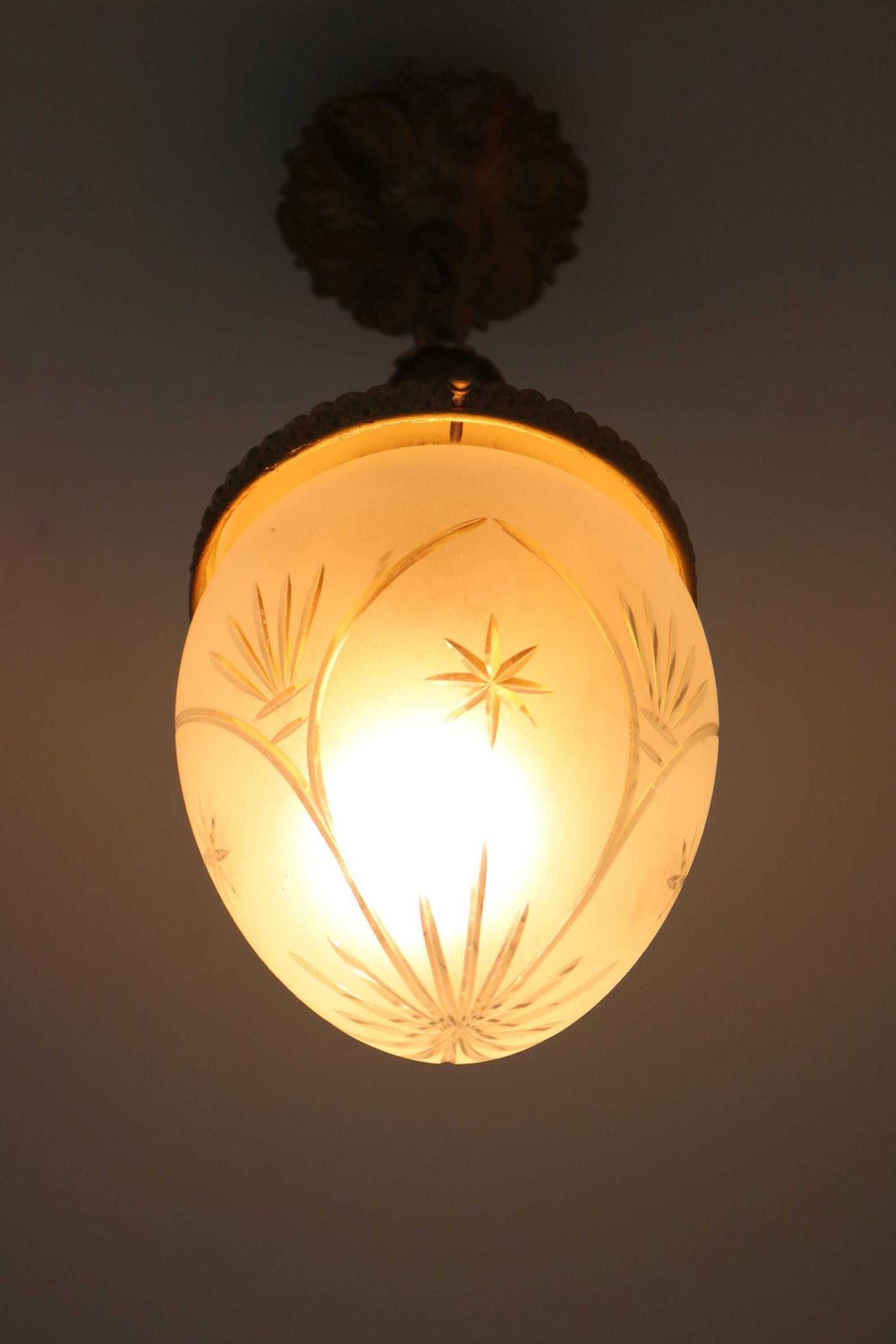 Antique French Hanging Lamp In Gilded Brass And Frosted Etched Glass Teardrop Shape Ceiling Lamp Pendant Light Ca. 1910 photo Lighting