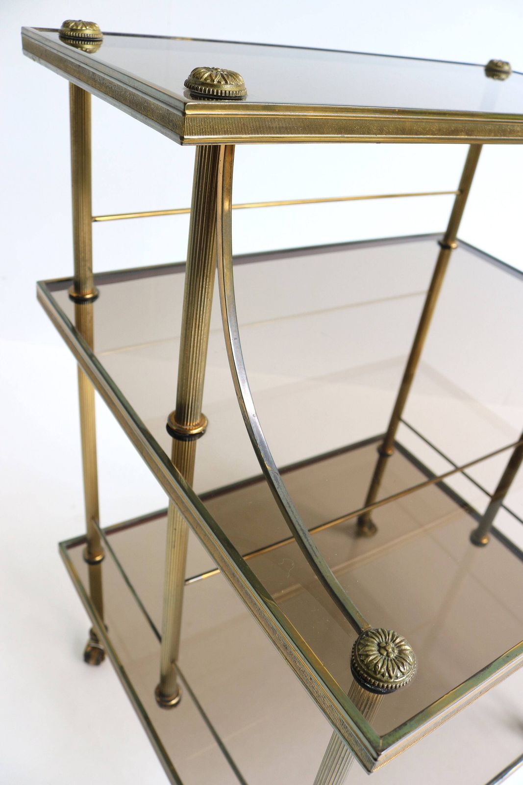 Quality French Brass & Smoked Glass Drinks Trolley Hollywood Regency Serving Trolley Mid Century Tiered Side Table Jansen Bagues Style 1970 photo for sale