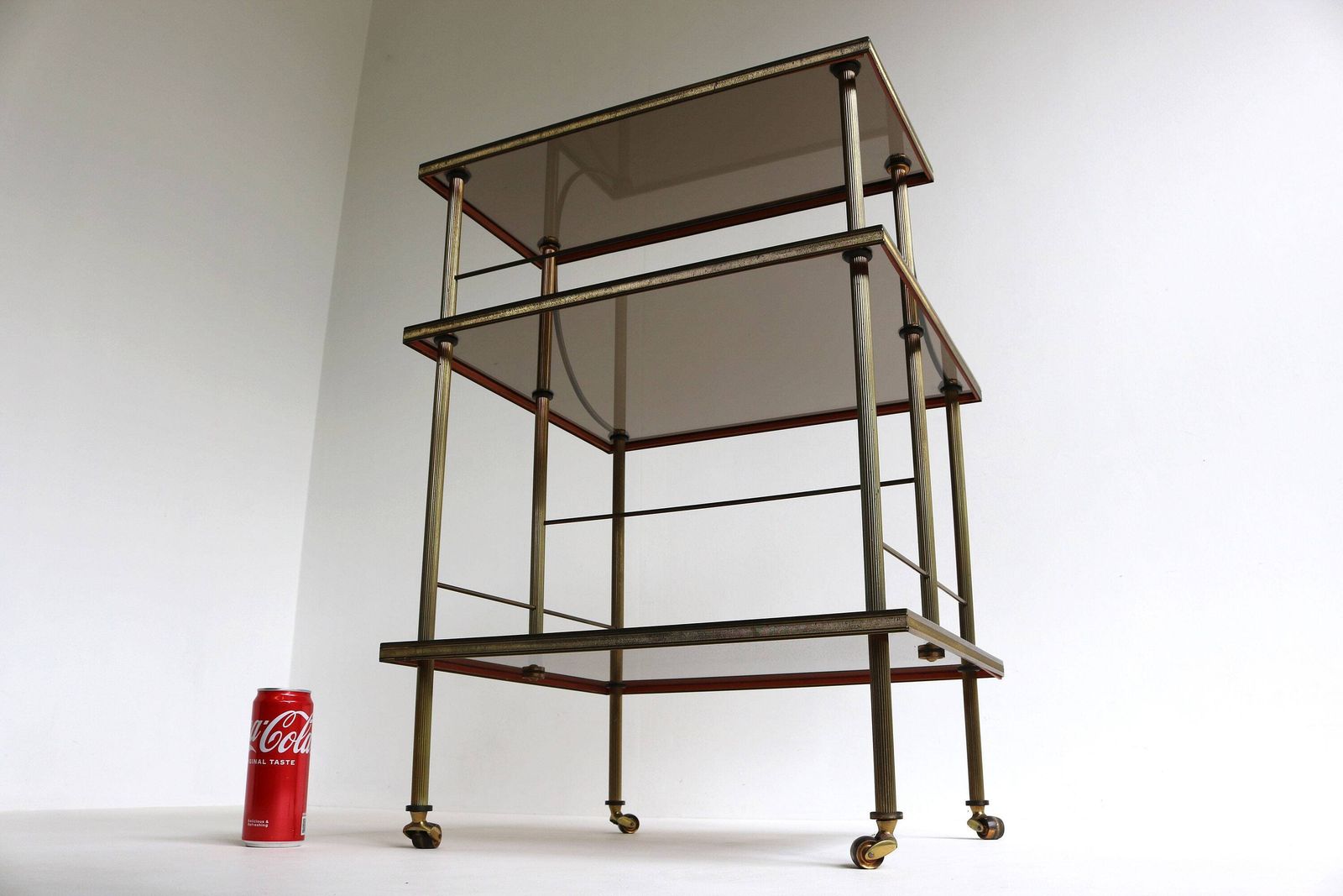 photo for sale Quality French Brass & Smoked Glass Drinks Trolley Hollywood Regency Serving Trolley Mid Century Tiered Side Table Jansen Bagues Style 1970