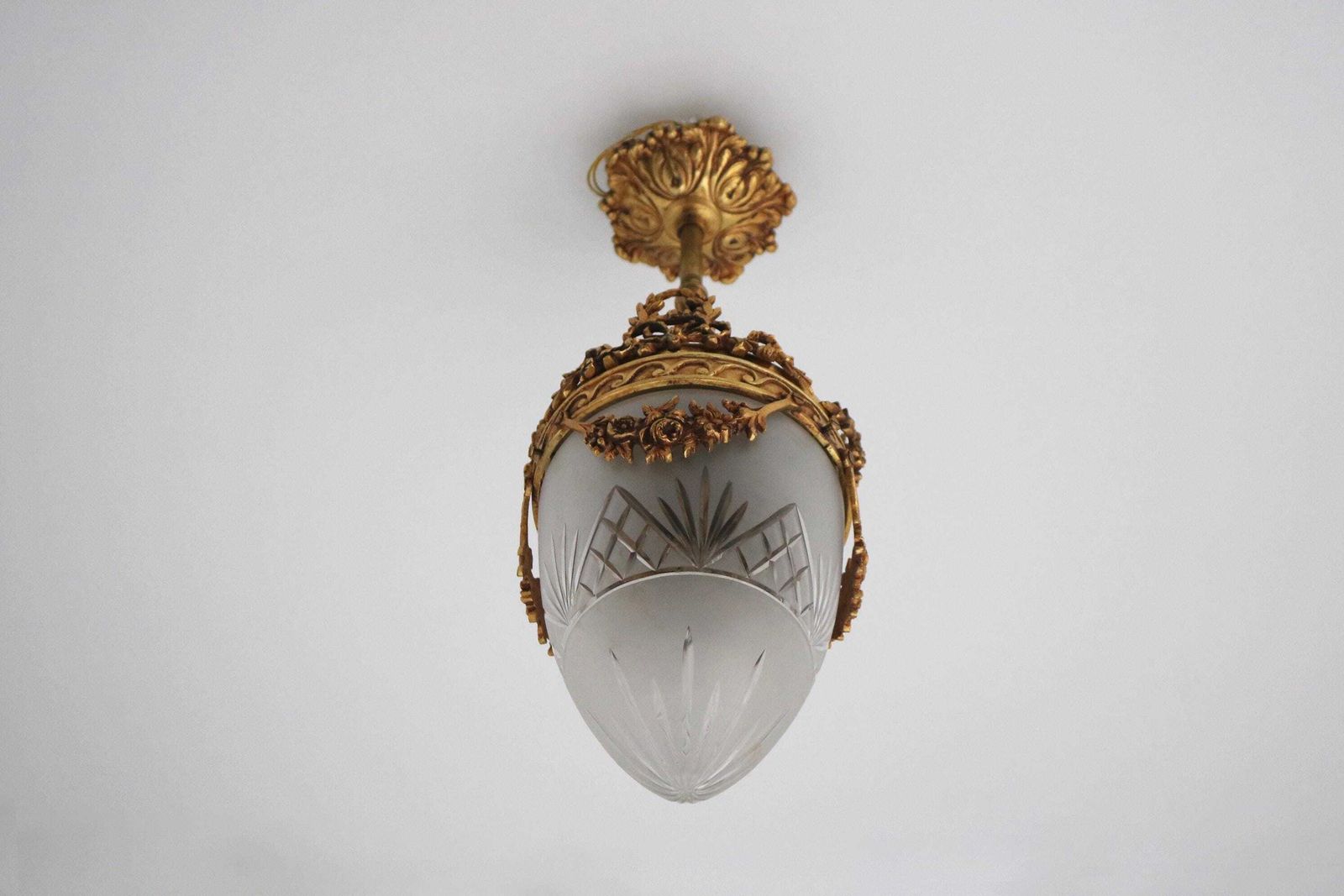 Mid  Century French Hanging Lamp In Gilded Brass And Frosted Etched Glass Art Nouveau Style Teardrop Shape Ceiling Lamp Louis XVI Style photo 804.0
