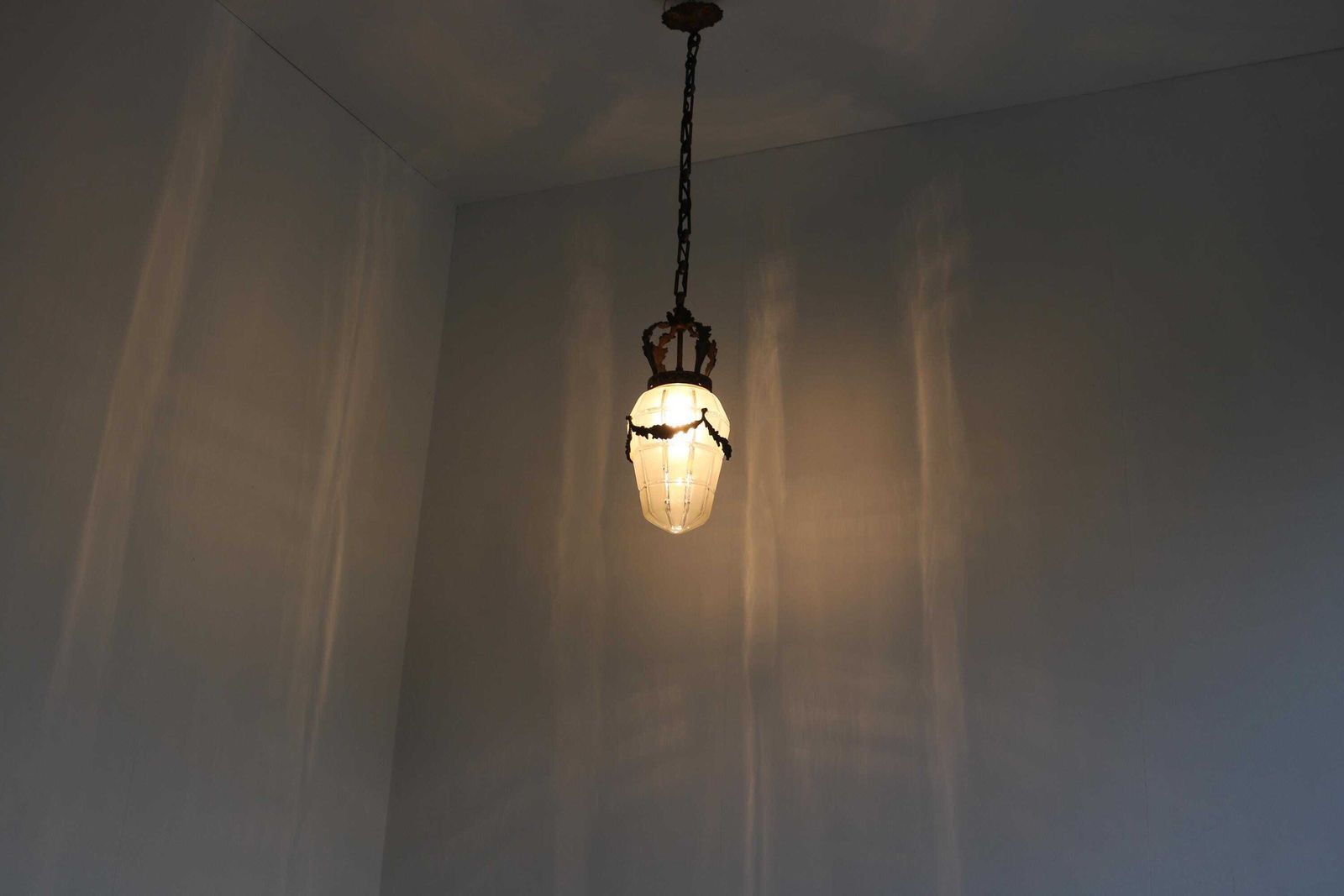 Antique French Bronze Hanging Lamp In Gilded Brass And Satin Cut Glass Etched Glass Art Deco Crown Ceiling Lamp ,1930s photo buy
