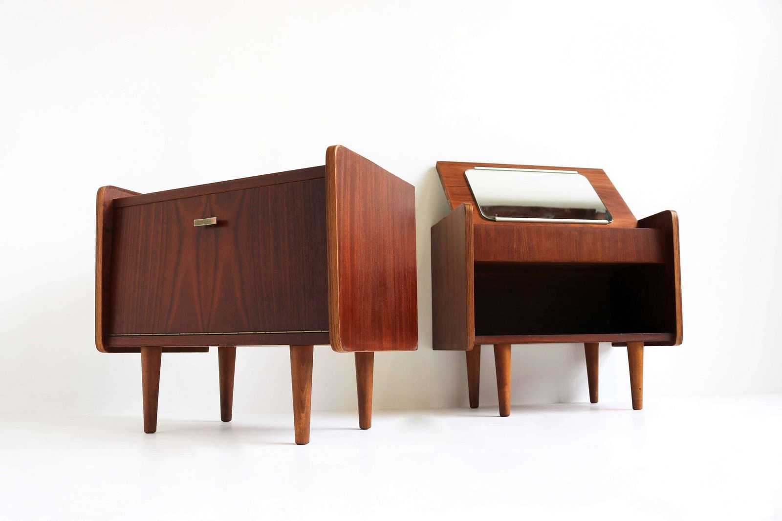 Pair Of Midcentury Modern Teak Veneer Nightstands With White Formica Tops Mirror Scandinavian 60 Bedside Table Additional Side Table Danish