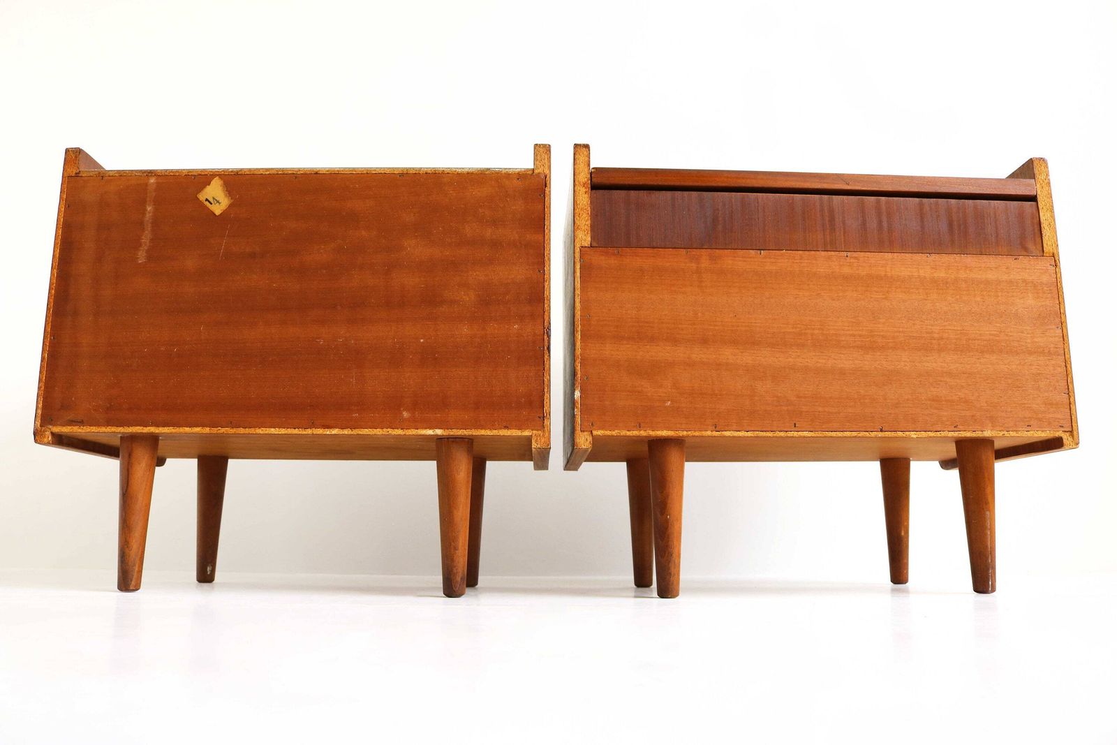 photo for sale Pair Of Midcentury Modern Teak Veneer Nightstands With White Formica Tops Mirror Scandinavian 60 Bedside Table Additional Side Table Danish