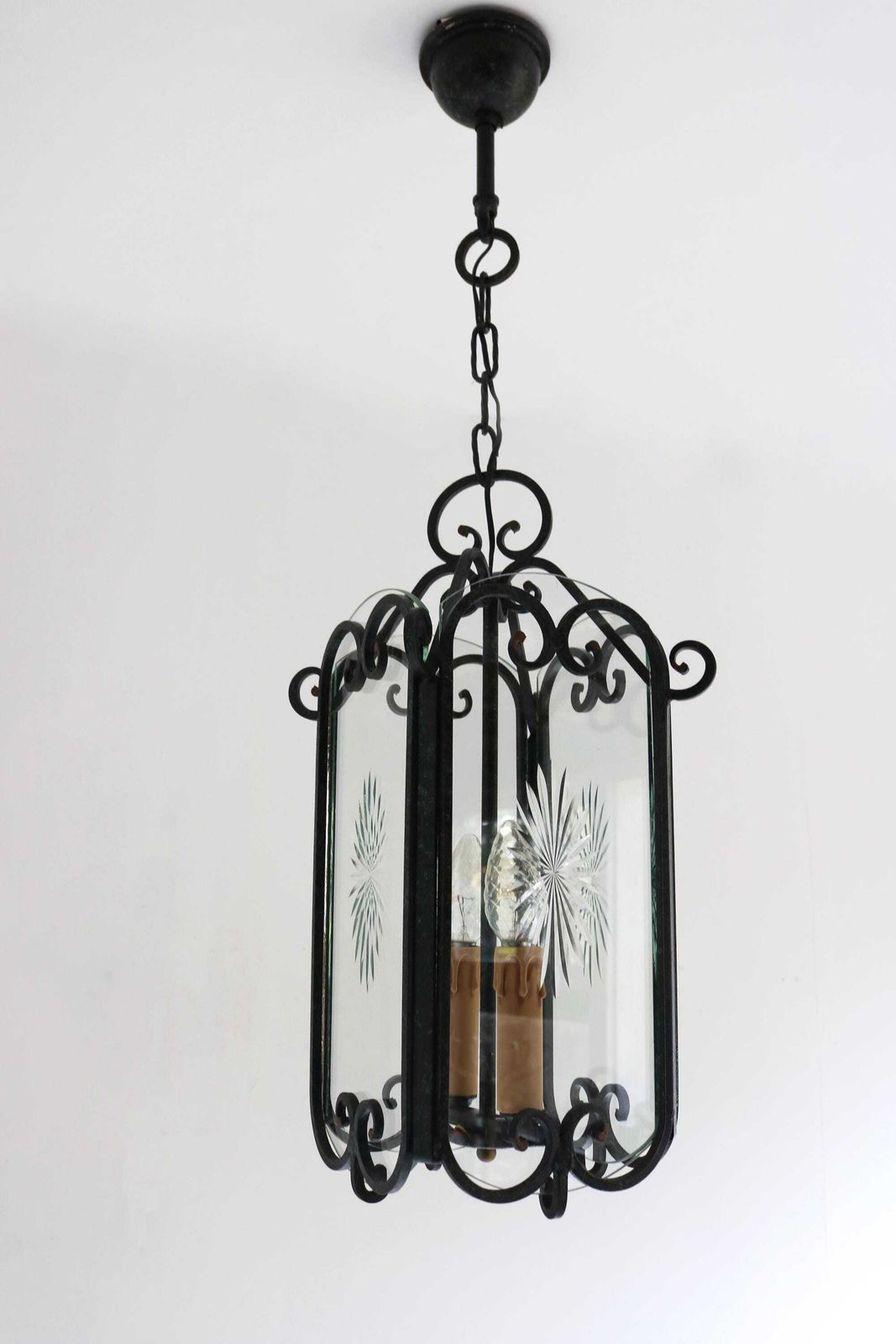 Vintage Rustic Iron Hanging Hall Lantern Chandelier French Pendant Etched Glass Ceiling Lamp Antique Entryway Hall Light Hand Forged 1950s photo furniture