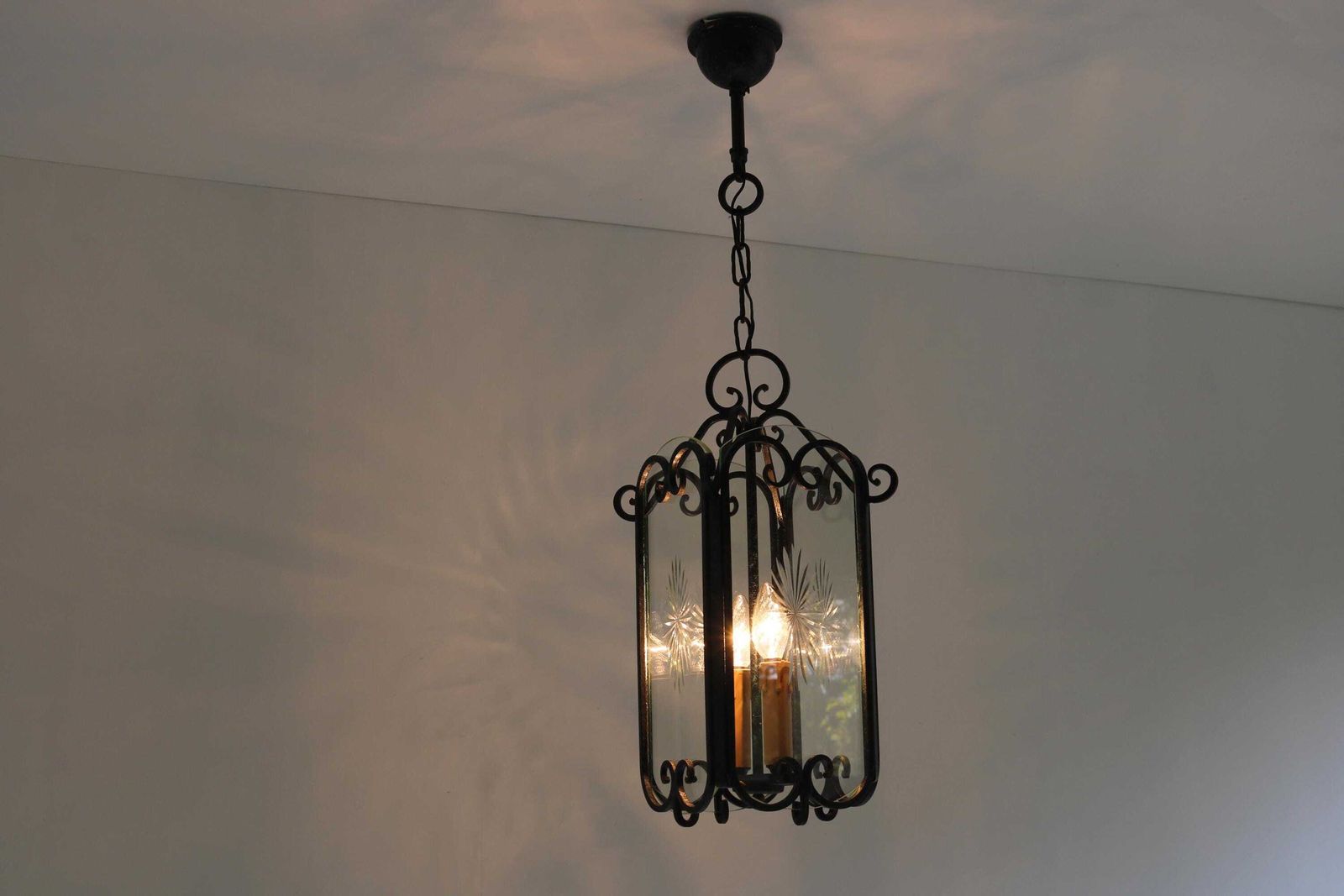 Vintage Rustic Iron Hanging Hall Lantern Chandelier French Pendant Etched Glass Ceiling Lamp Antique Entryway Hall Light Hand Forged 1950s photo 804.0