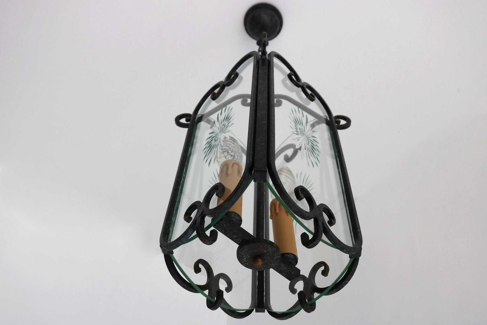 Vintage Rustic Iron Hanging Hall Lantern Chandelier French Pendant Etched Glass Ceiling Lamp Antique Entryway Hall Light Hand Forged 1950s photo vinterior