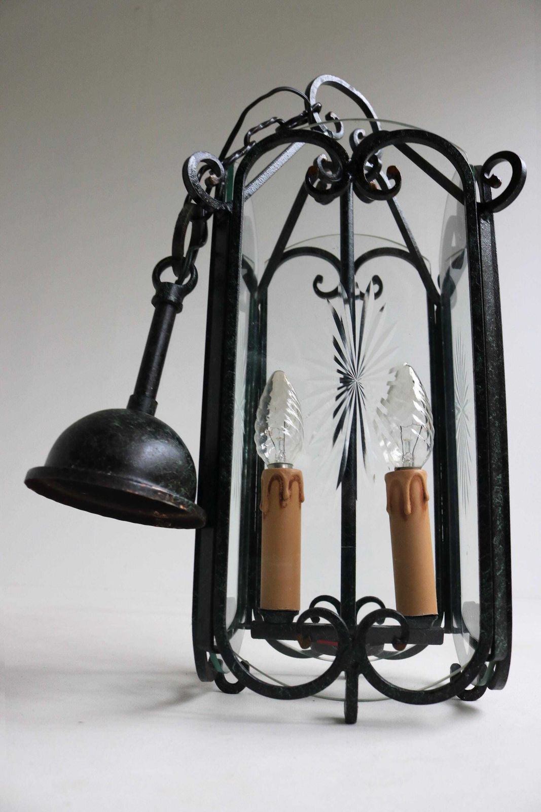 Vintage Rustic Iron Hanging Hall Lantern Chandelier French Pendant Etched Glass Ceiling Lamp Antique Entryway Hall Light Hand Forged 1950s photo vintage