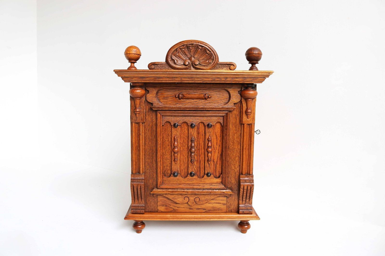 Antique German 19th Century Standing Or Hanging Small Cabinet Hand Carved Oak Neo Classical Small Wall Cabinet Lock And Key 1880s