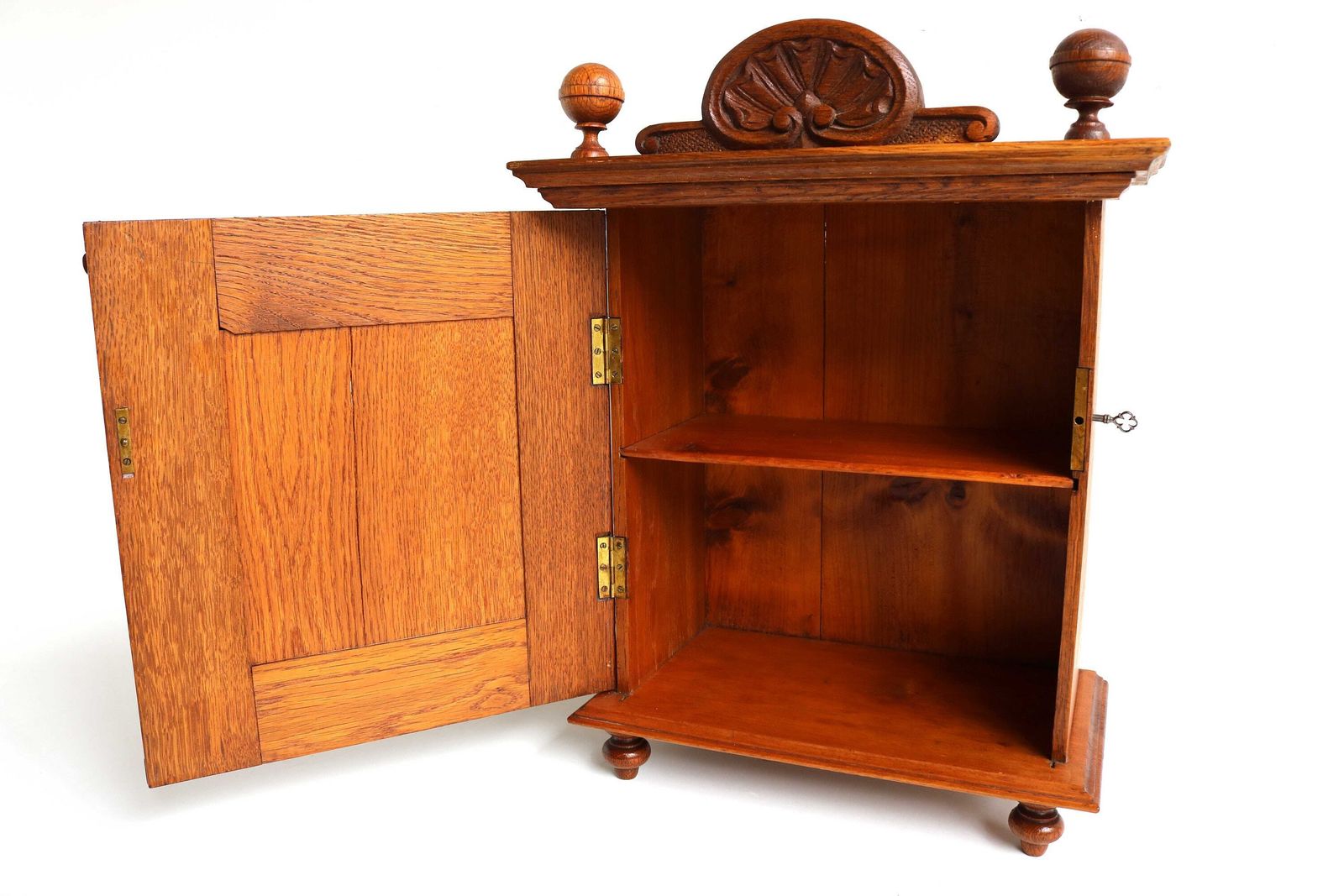 Antique German 19th Century Standing Or Hanging Small Cabinet Hand Carved Oak Neo Classical Small Wall Cabinet Lock And Key 1880s photo vinterior