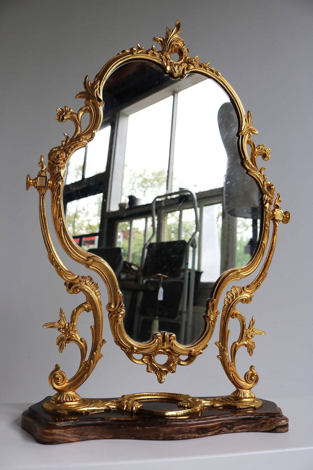 Mid Century Ornate Gilded Casted Brass Brown Marble Vanity Mirror Dressing Tabletop Mirror Gold Romantic 1960 Classic Antique Style Folding photo vintage