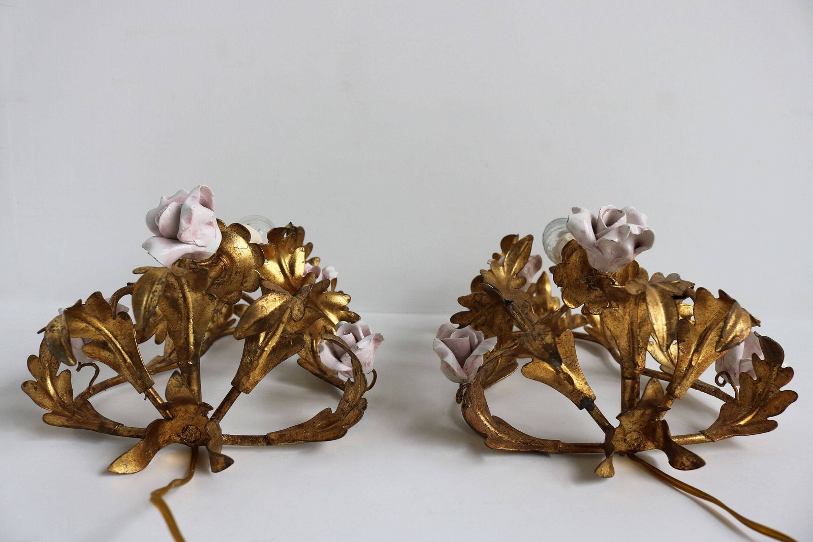 Pretty Pair Of Gilded Tole Italian Wall Sconces With Hand Made Pink Porcelain Roses Flower Wall Lights Hollywood Regency Romantic 1950 1960 photo vintage