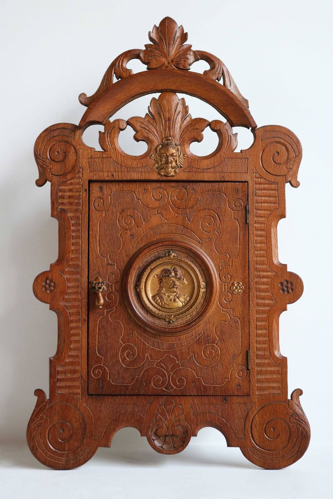 Beautiful Antique Oak Wood Carved Medicine Bathroom Kitchen Cabinet Small Wall Cabinet Apothecary Key Cabinet Brass Ornaments 19th Century photo furniture