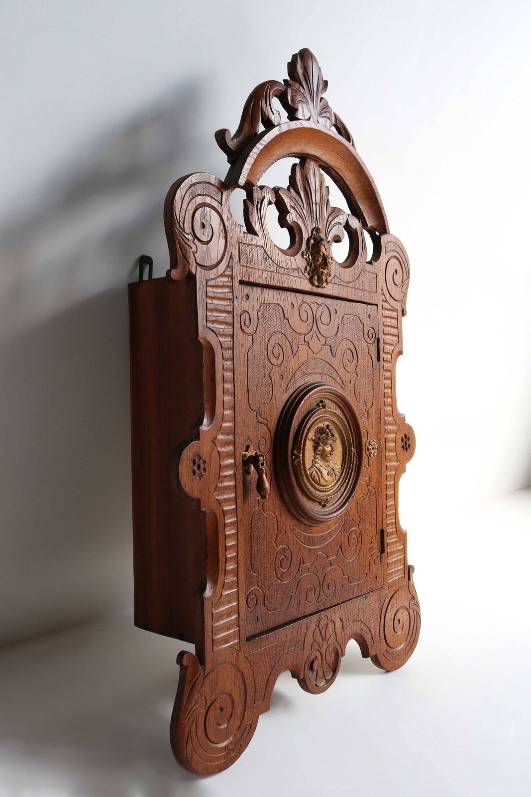 Beautiful Antique Oak Wood Carved Medicine Bathroom Kitchen Cabinet Small Wall Cabinet Apothecary Key Cabinet Brass Ornaments 19th Century photo for sale