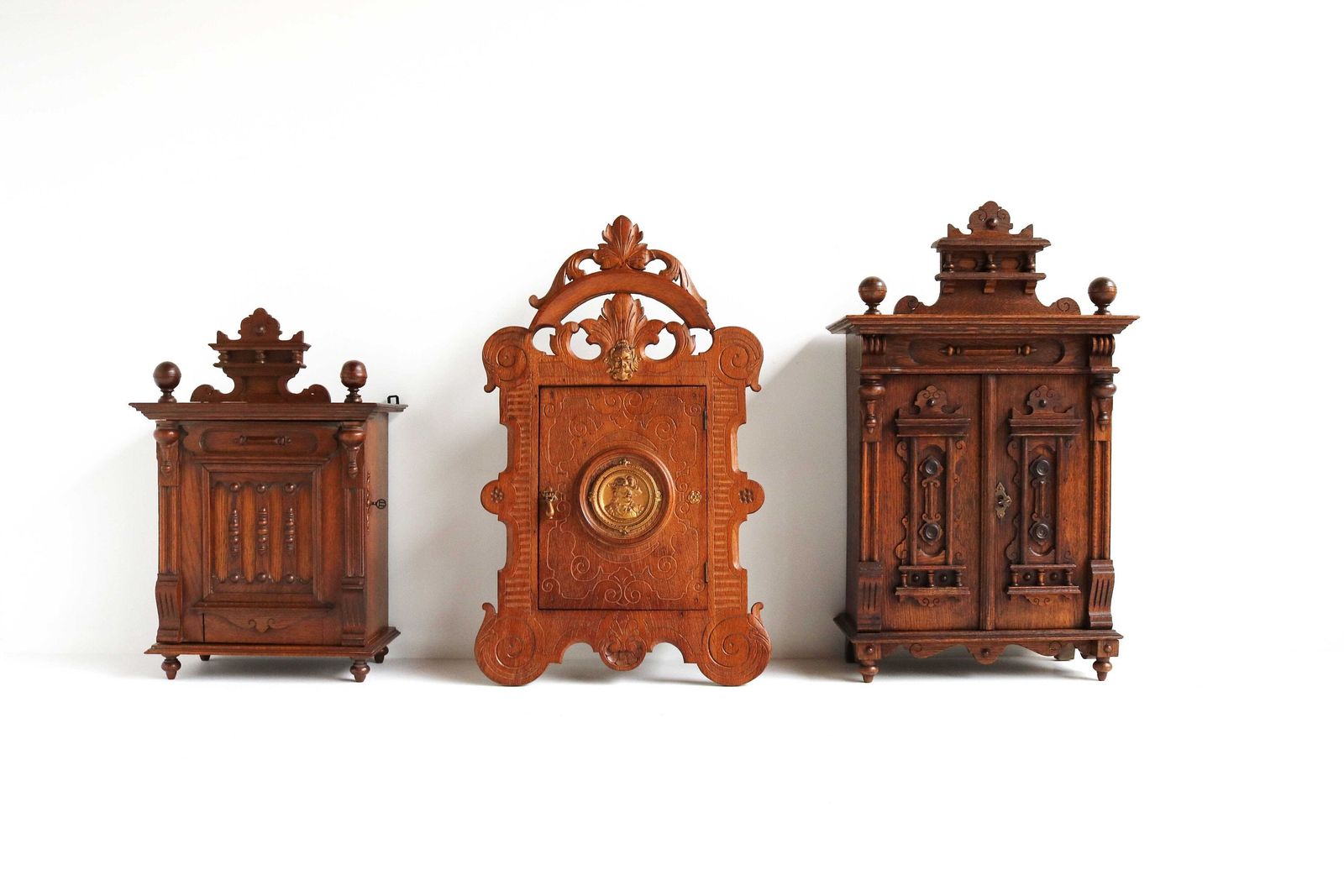 photo for sale Beautiful Antique Oak Wood Carved Medicine Bathroom Kitchen Cabinet Small Wall Cabinet Apothecary Key Cabinet Brass Ornaments 19th Century