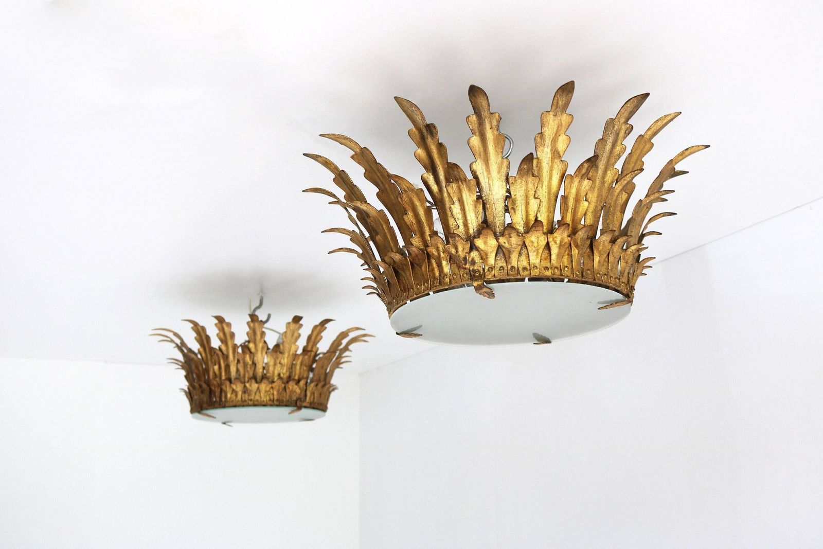 Pair Maison Bagues Style Gilt Tole Crown Light Sunburst Flush Mount Pendant Ceiling Light Leaf Motifs Frosted Glass Hollywood Regency 1950s