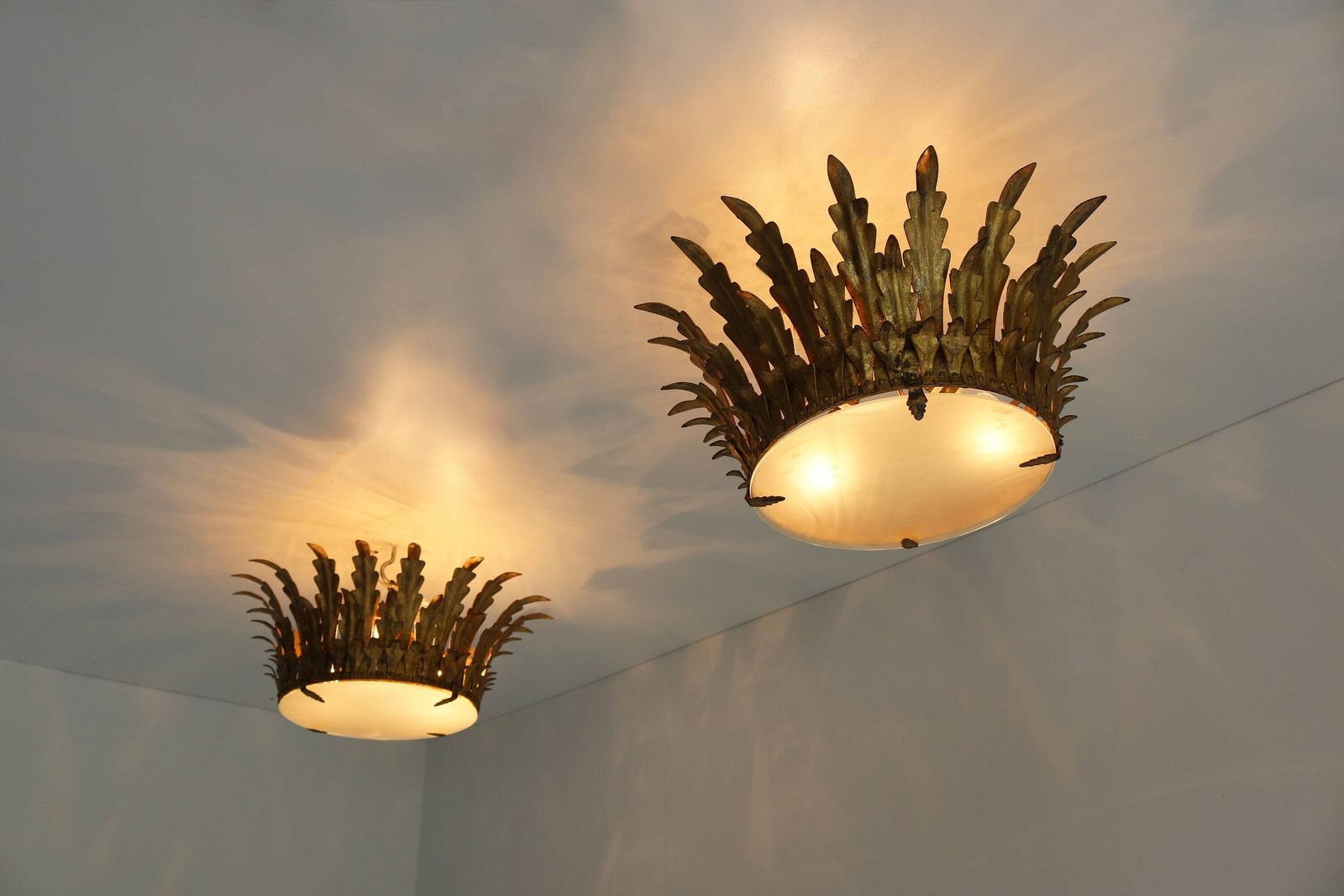 Pair Maison Bagues Style Gilt Tole Crown Light Sunburst Flush Mount Pendant Ceiling Light Leaf Motifs Frosted Glass Hollywood Regency 1950s photo furniture