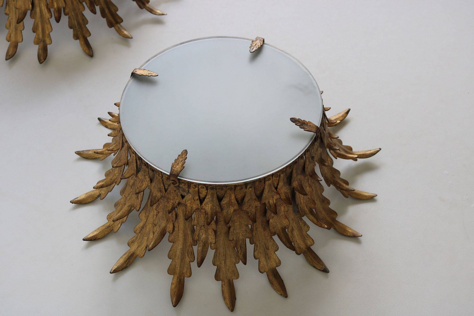 Pair Maison Bagues Style Gilt Tole Crown Light Sunburst Flush Mount Pendant Ceiling Light Leaf Motifs Frosted Glass Hollywood Regency 1950s photo vinterior
