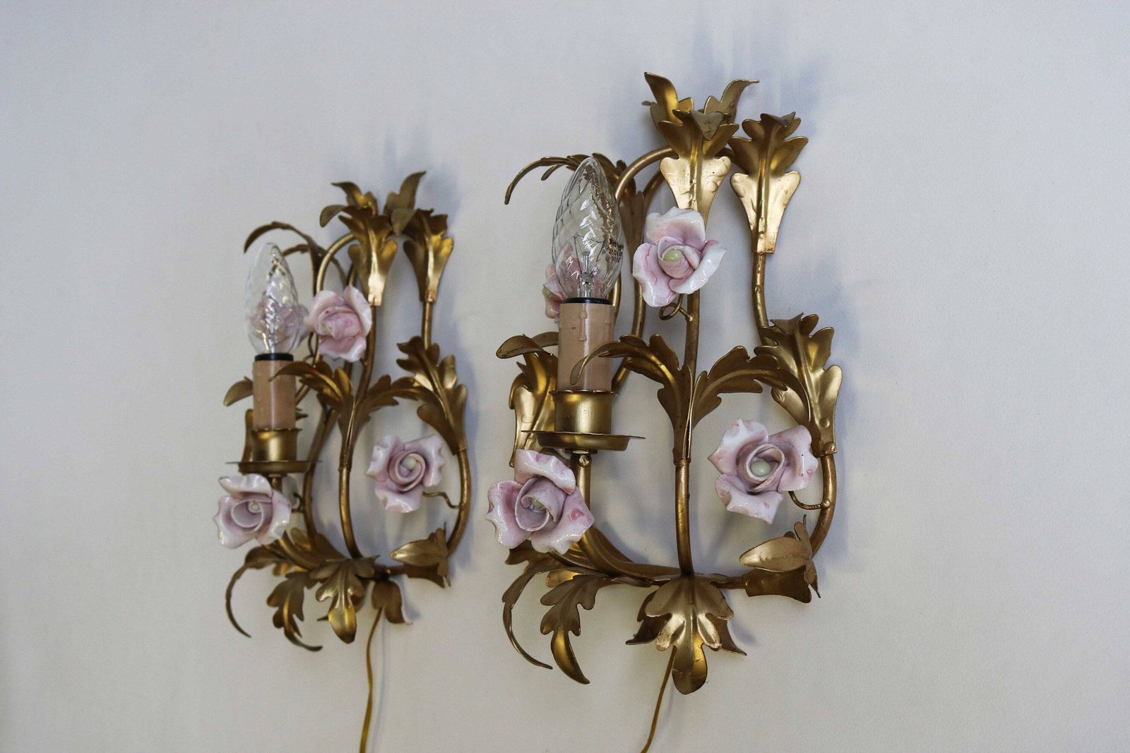 Lovely Pair Of Gilded Tole Italian Wall Sconces With Hand Made Pink Porcelain Roses Flower Wall Lights Hollywood Regency Romantic 1950 1960 photo furniture