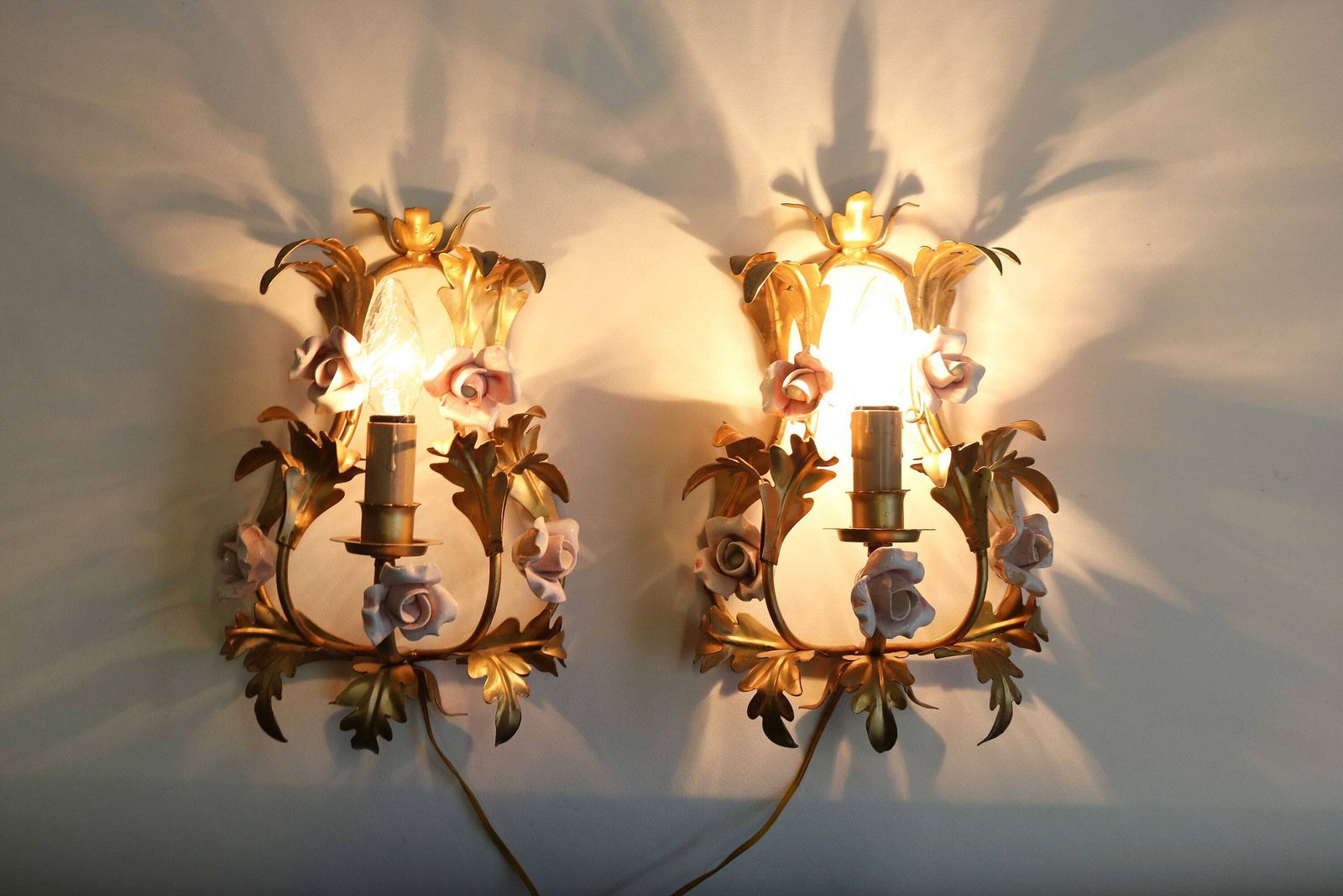 Lovely Pair Of Gilded Tole Italian Wall Sconces With Hand Made Pink Porcelain Roses Flower Wall Lights Hollywood Regency Romantic 1950 1960 photo for sale