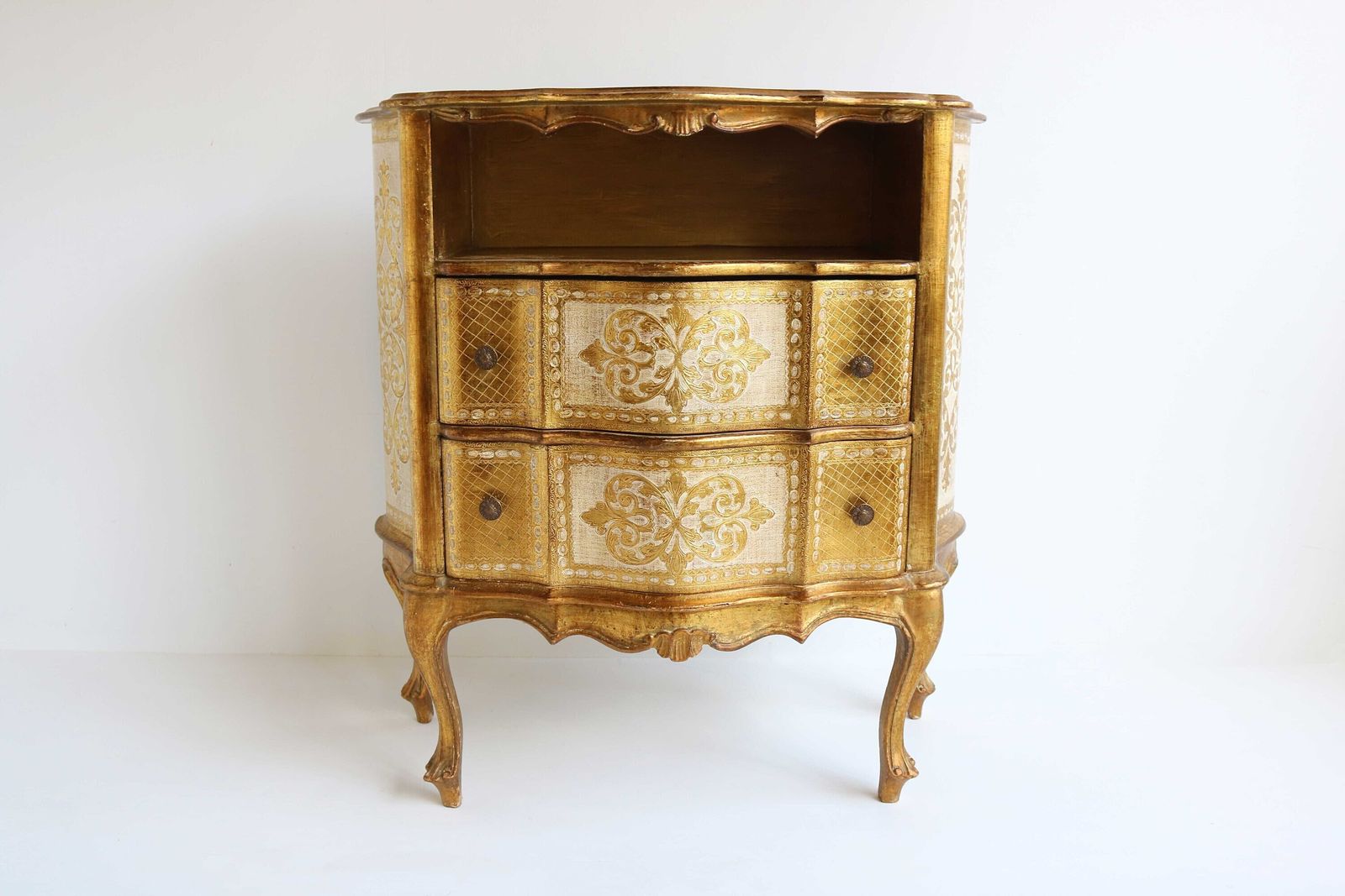 Large Italian Mid Century Modern Cabinet Two Drawers Vintage Florentine Furniture 60s Design Hollywood Recency Gold And White Wall Cabinet