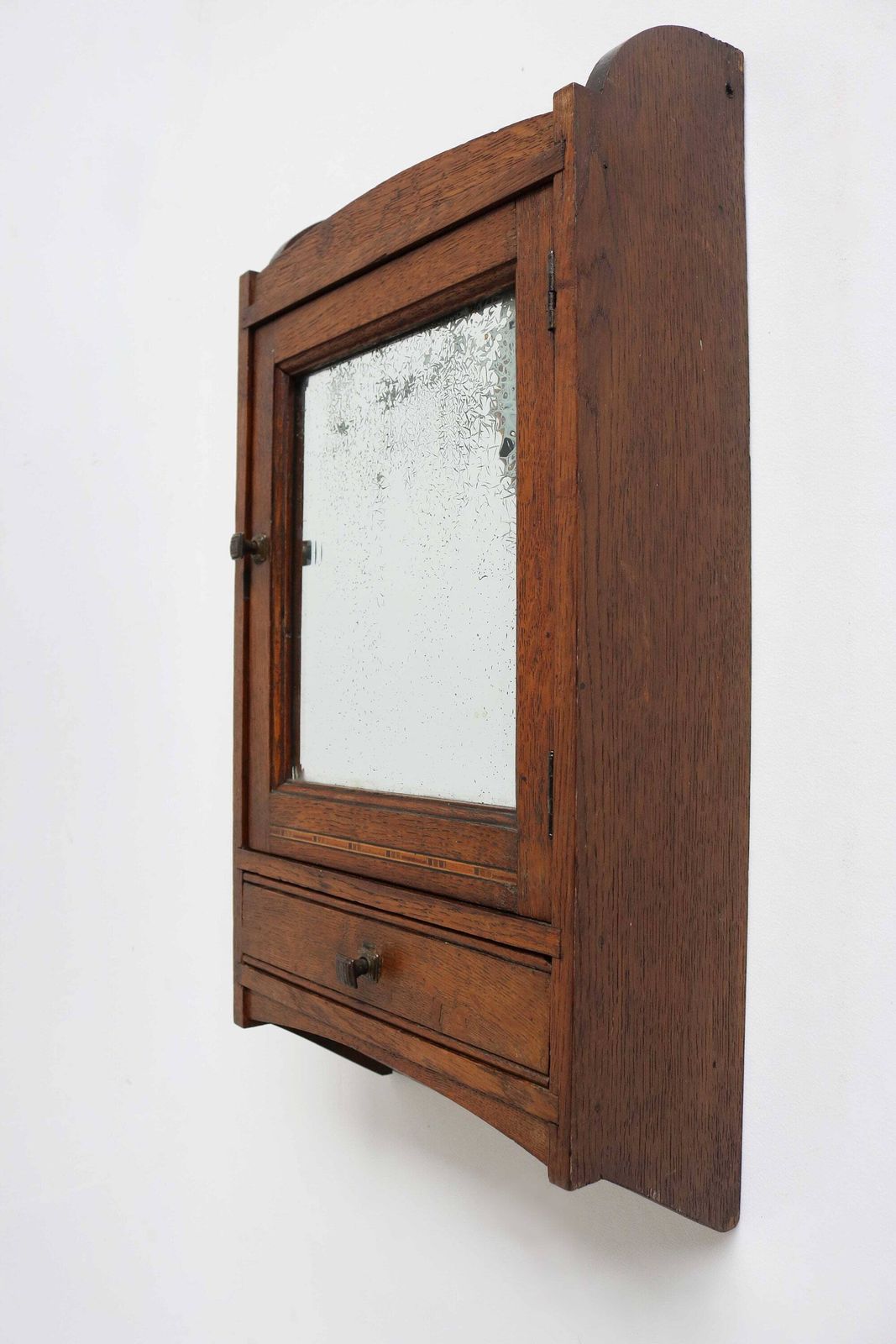 Art Deco Vintage Wood Medicine Bathroom Apothecary Cabinet Worn Mirror Drawer Small Wall Cabinet Kitchen Cabinet Inlaid Comb Tray 1930s photo furniture
