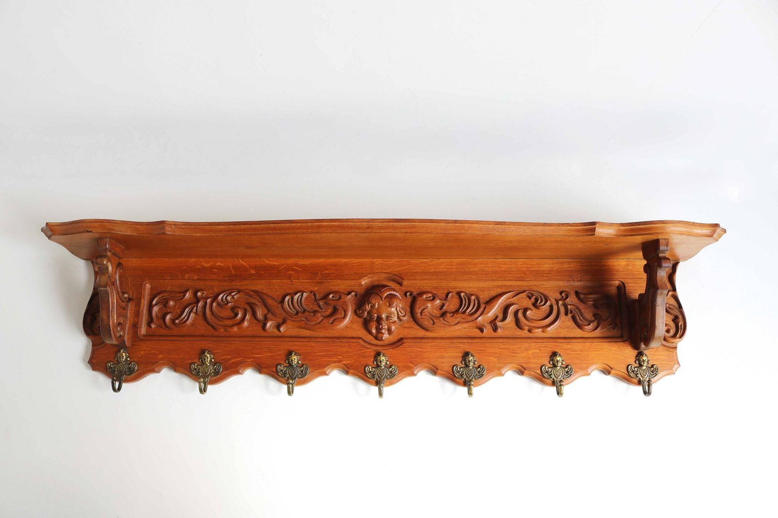Carved Cherub Oak Coat Hat Scarf Wall Rack Hanger Angel Brass Hooks French Louis XV Mid Century Kitchen Rack Book Shelf Country Farmhouse photo furniture