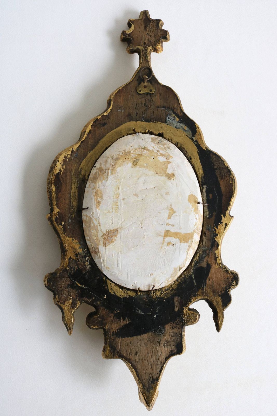 photo furniture Antique Ornate Holy Water Font Sacred Heart Of Jesus Christ Oval Meerschaum Convex Glass Domed Glass Gold Gilded Carved Wood Cross French