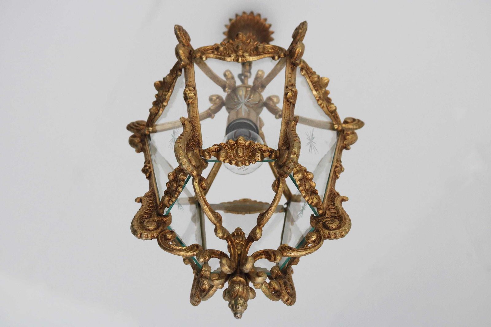 Antique Style French Hanging Lantern Louis XV Style Casted Brass & Etched Starburst Glass Hall Light Vestibule Lantern 1950 photo vinterior