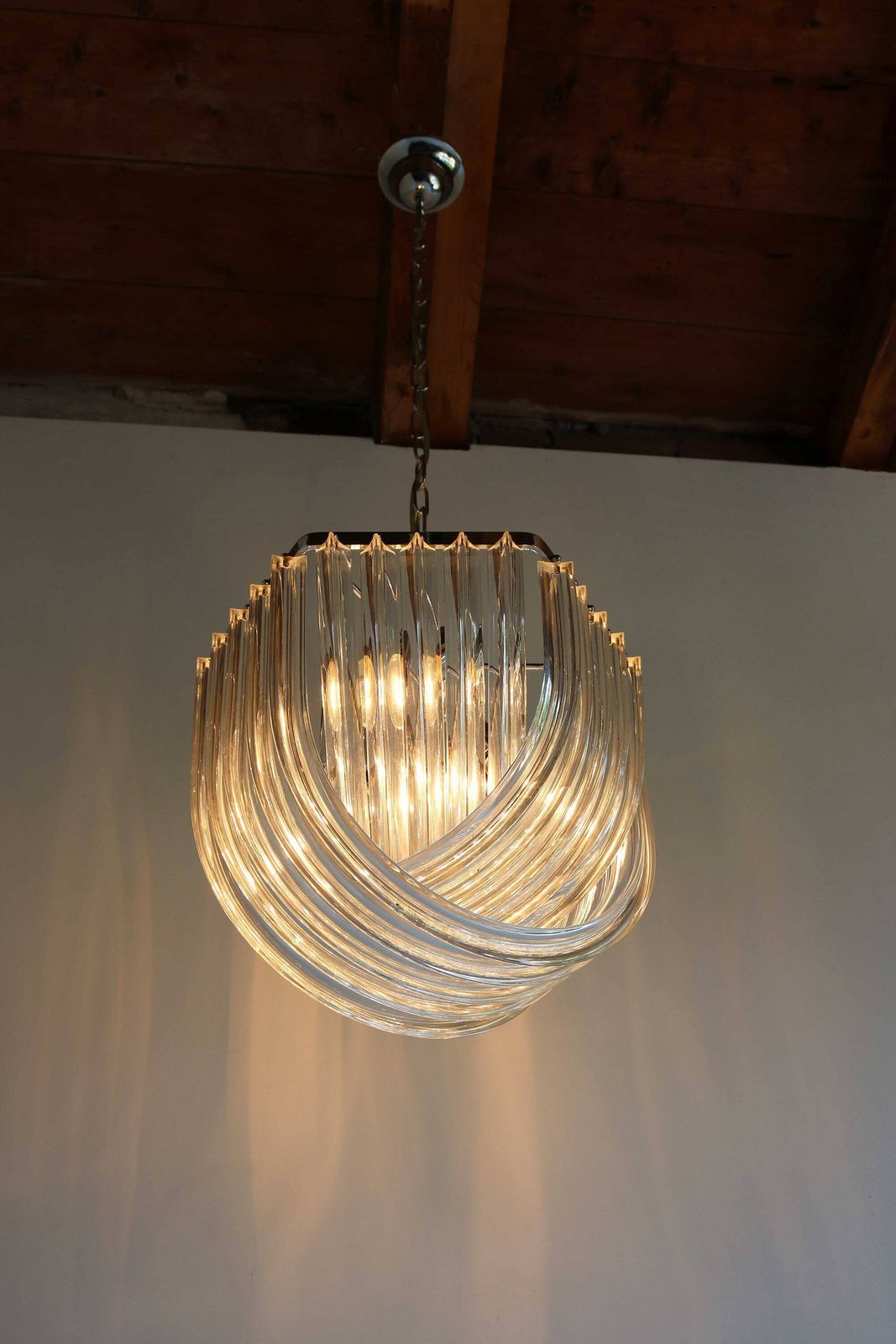 Carlo Nason Curvati Murano Glass Chandelier Mid Century Modern Triedri Chandelier Italy 1960s Venini Style photo for sale