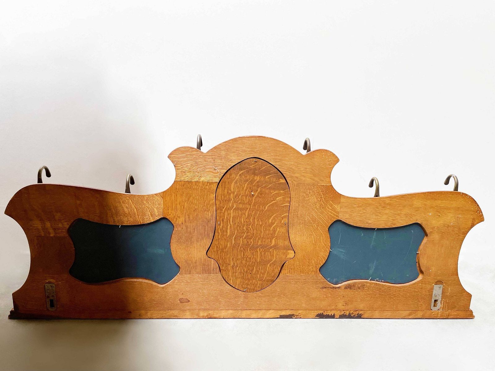 photo for sale Antique Style Country Rustic Wall Hanging Coat Rack Classical Era Wooden Hall Rack Oak Hat Rack Mirrors Brass Lion Hooks Mid 20th Century