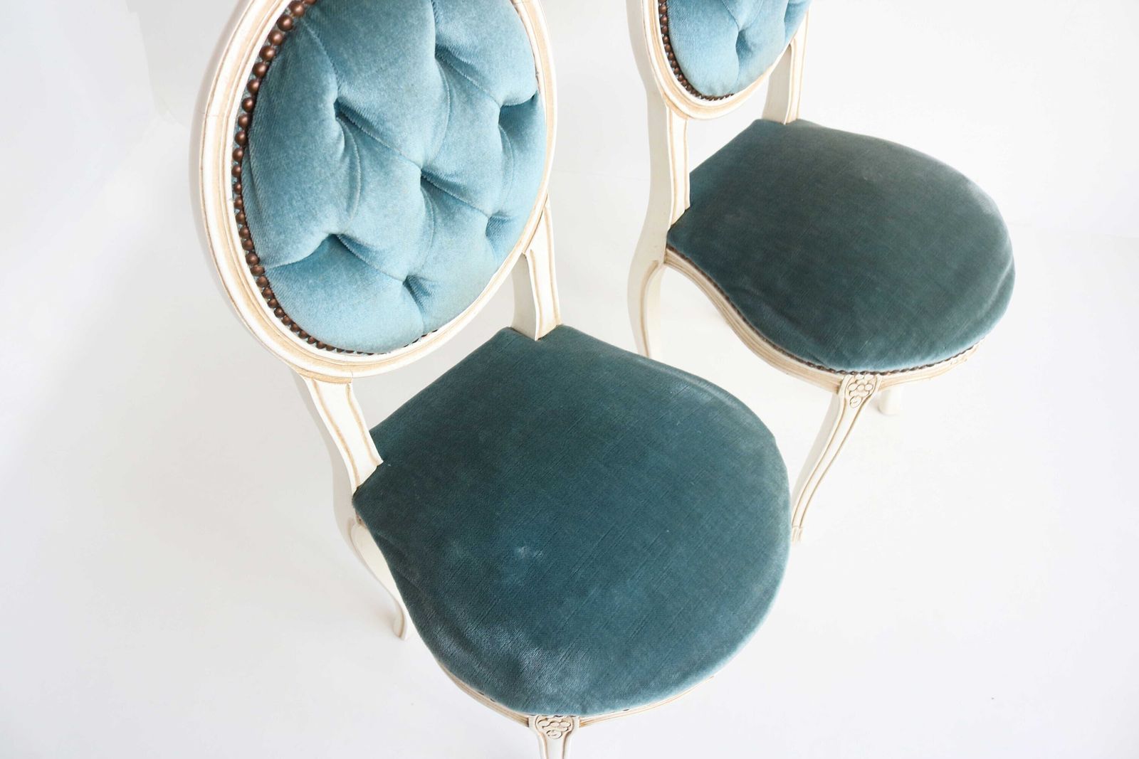 Romantic Couple Blue Velvet Small Side Chairs Italian Dining Chairs Pair Vanity Chairs Bedroom Chairs Louis XV Regency Antique Baroque Style photo buy