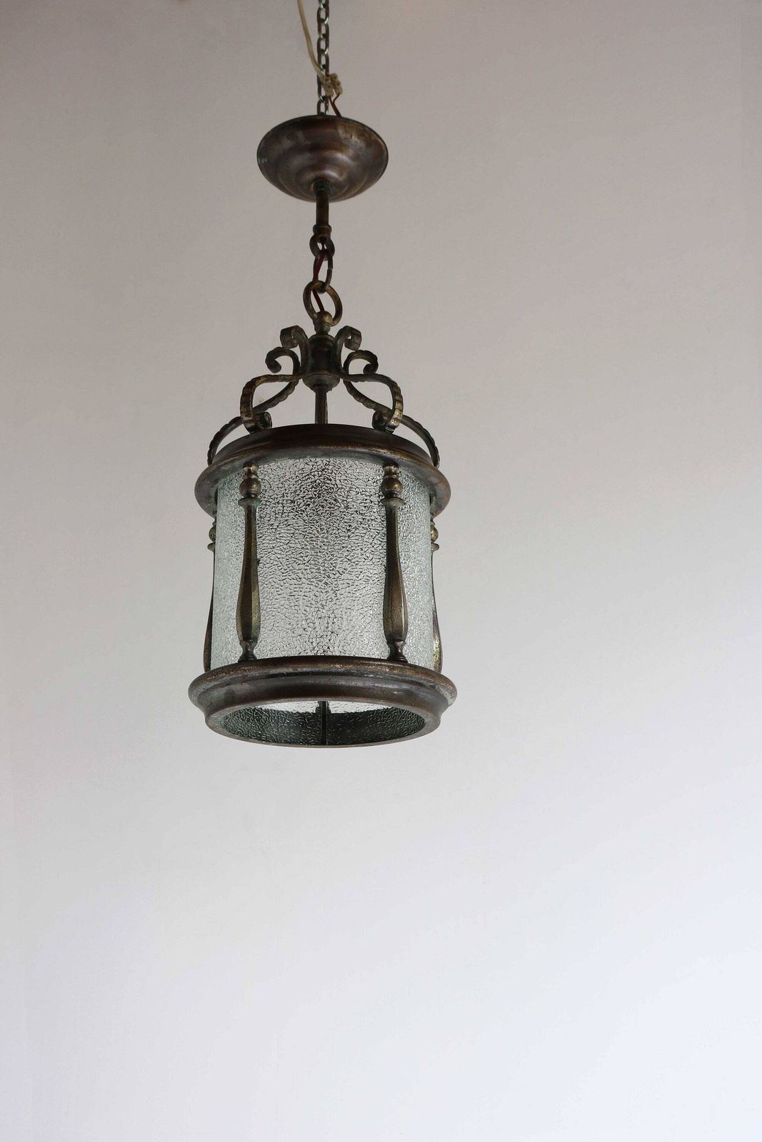 Antique Bronze Lantern With Five Textured Curved Glass Panels Handcrafted Vintage Entryway Hall Ceiling Light Pendant Brass French Ca 1900s photo vinterior