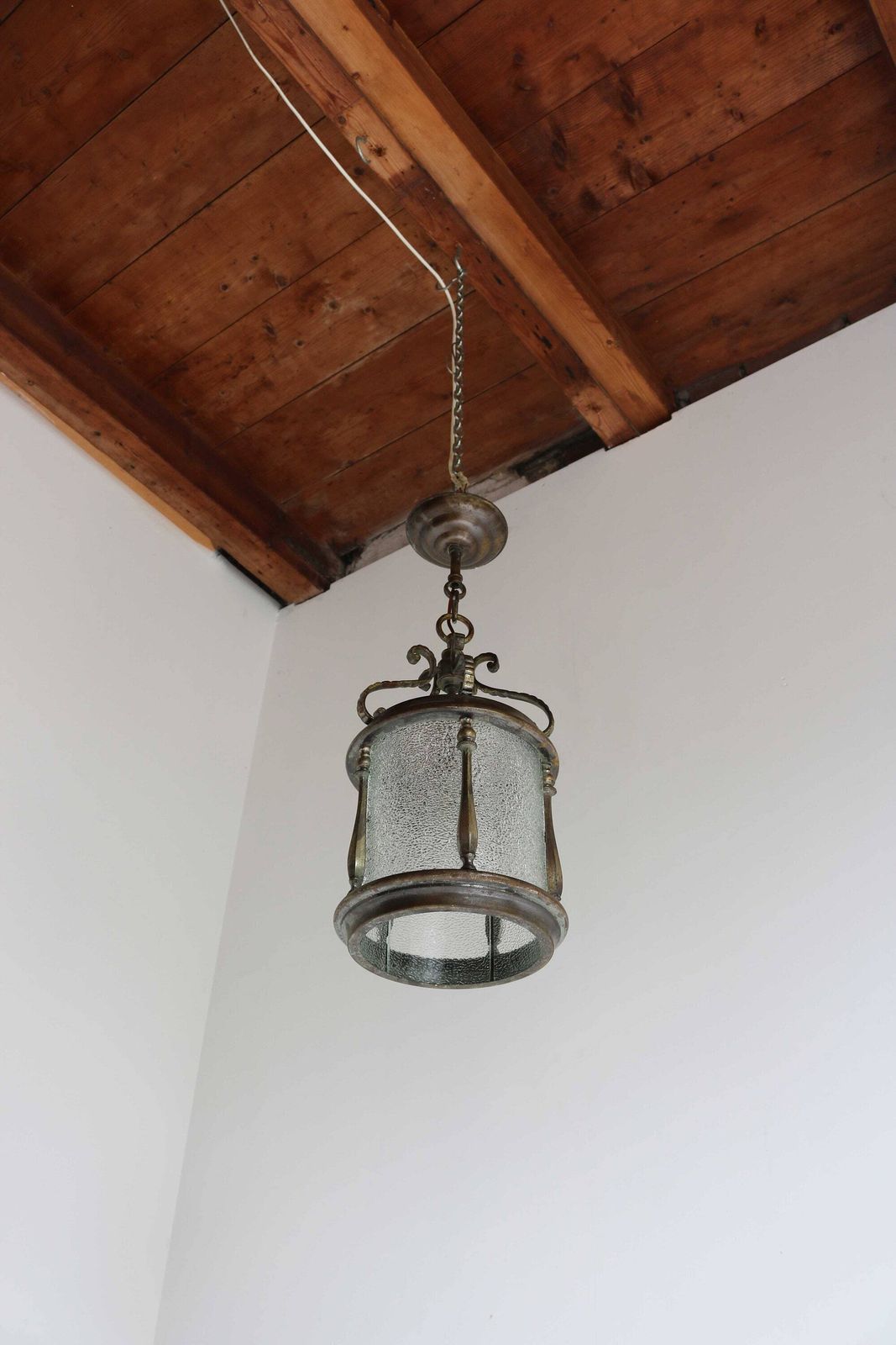 Antique Bronze Lantern With Five Textured Curved Glass Panels Handcrafted Vintage Entryway Hall Ceiling Light Pendant Brass French Ca 1900s photo buy