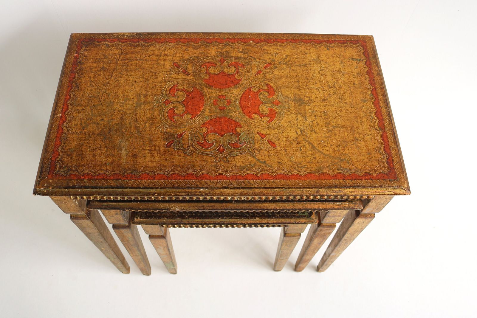 Set Of Three Italian Florentine Gold Hollywood Regency Wood Stacking Nesting Tables Straight Legs Additional Tables Side Tables 1960s photo for sale