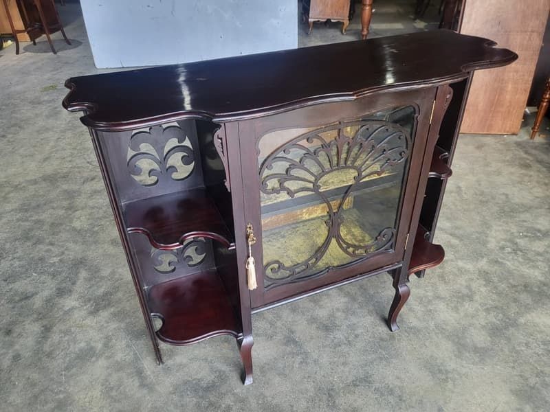 Antique Serpentine Glazed Chiffonier Sideboard Cabinet Velvet Shelves photo vintage
