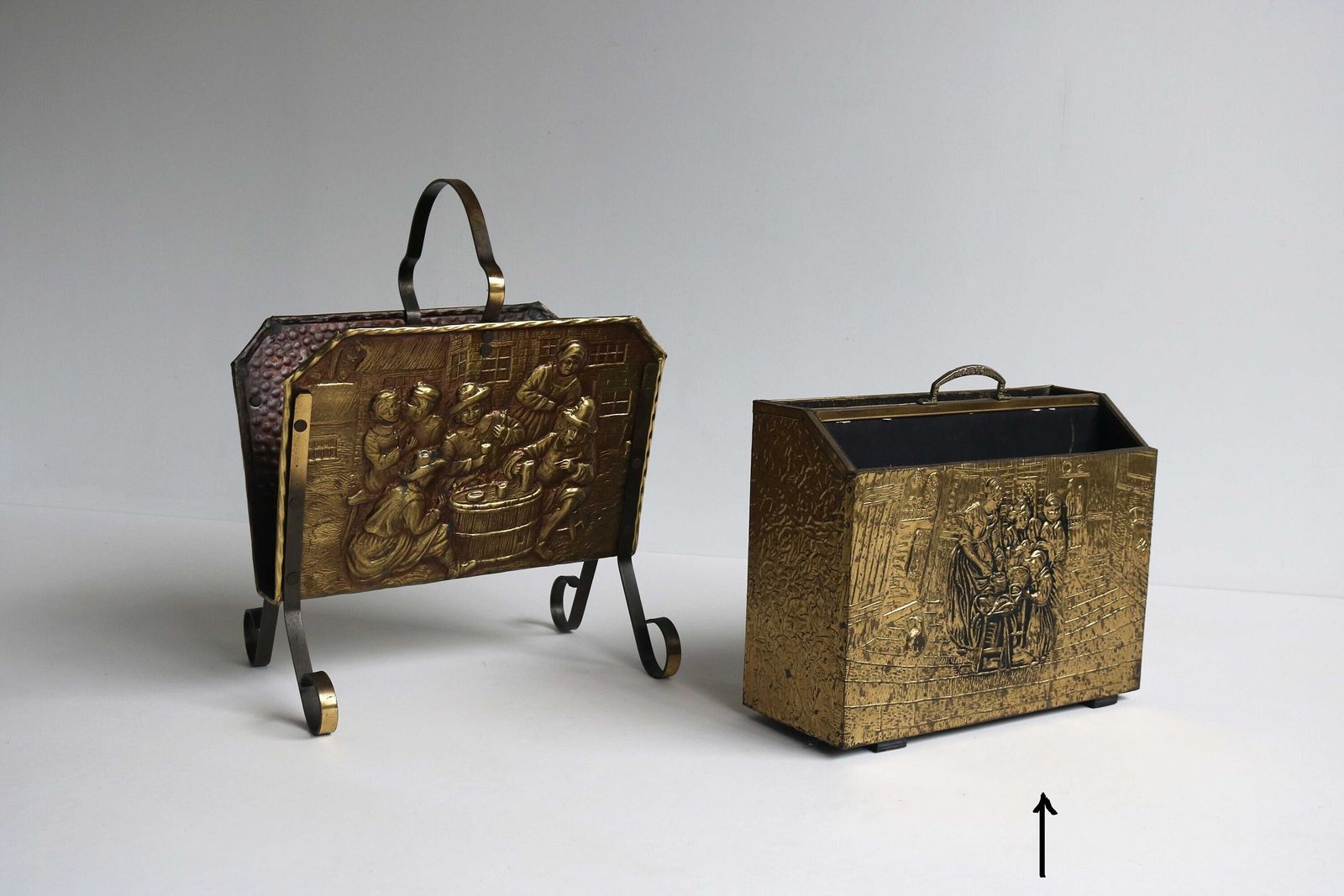 photo for sale Vintage Brass Record Rack Magazine Rack Embossed Relief Repousse Scene Covered Wood Box Fireplace Two Section Book Holder England 1960s