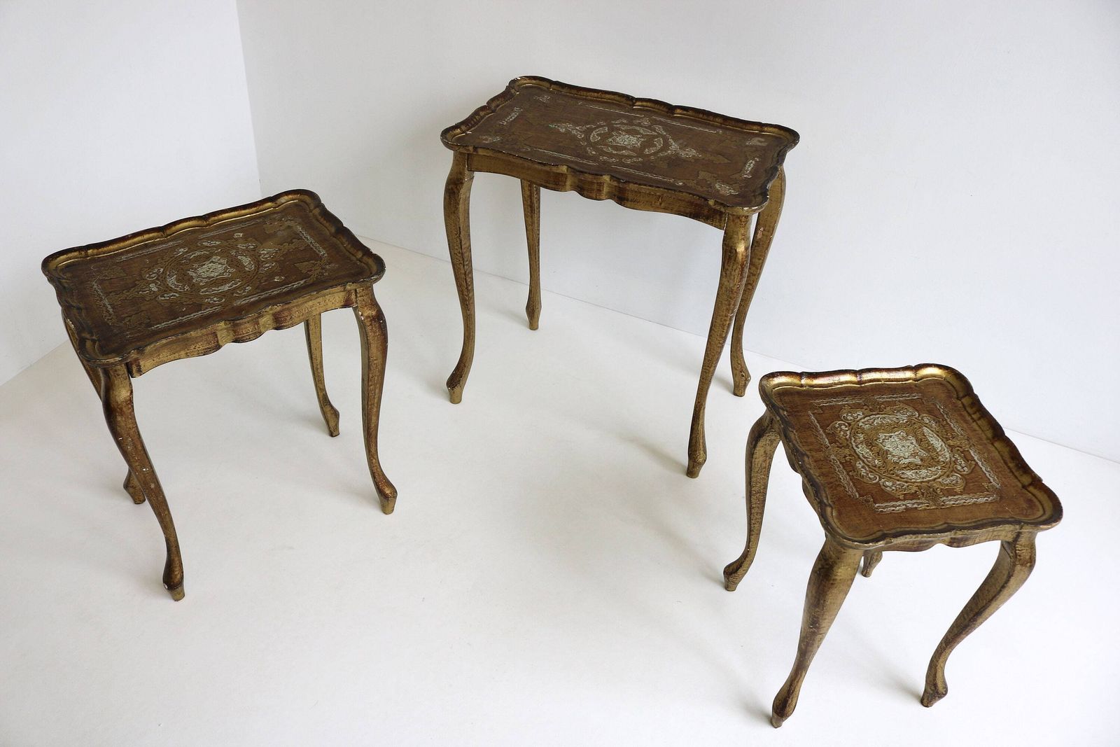 Decorative Set Of Three Italian Florentine Red Gold Hollywood Regency Wood Stacking Nesting Tables Additional Tables Side Tables Set Tables photo vintage